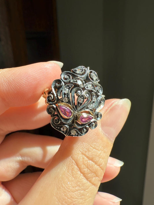 The Peacock Ring : ) Teardrop RUBY Old Mine Cut DIAMOND Ring 18k Gold Silver Flourishes Ornate Scrolled Shield Large Cocktail Statement Gift