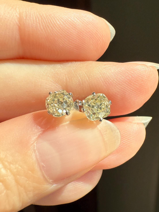 Old Mine Cut 1.3 Carat Tdw DIAMOND Stud Earrings French 18k White GOLD Warm Chunky Antique Stones Later Prong Set
