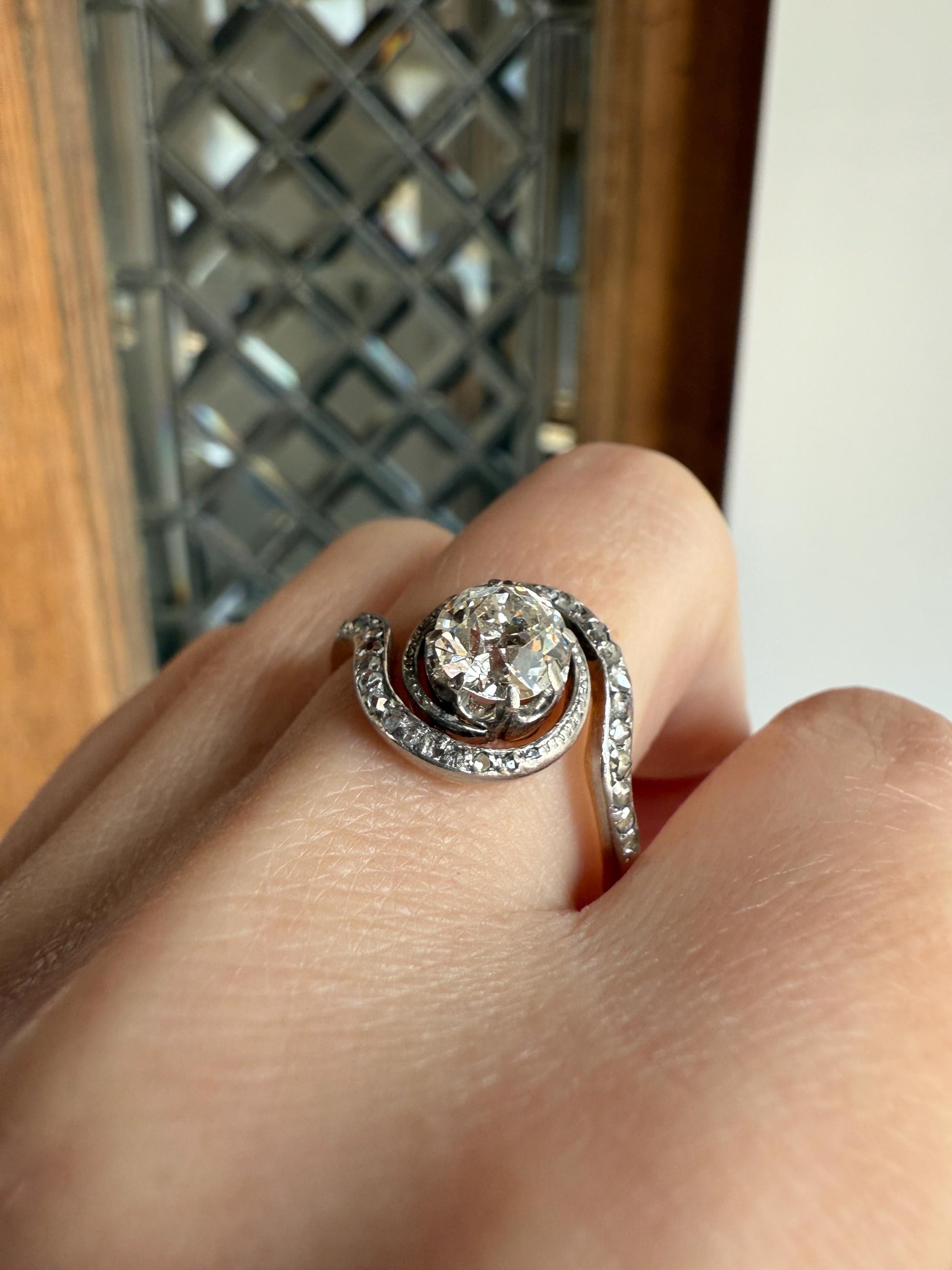 Turbillon French ANTIQUE Swirling 1.25 + Carat Old European Cut DIAMOND 18k Gold & PLATINUM Ring Bypass Solitaire Rose Cut Halo Stacker Gift