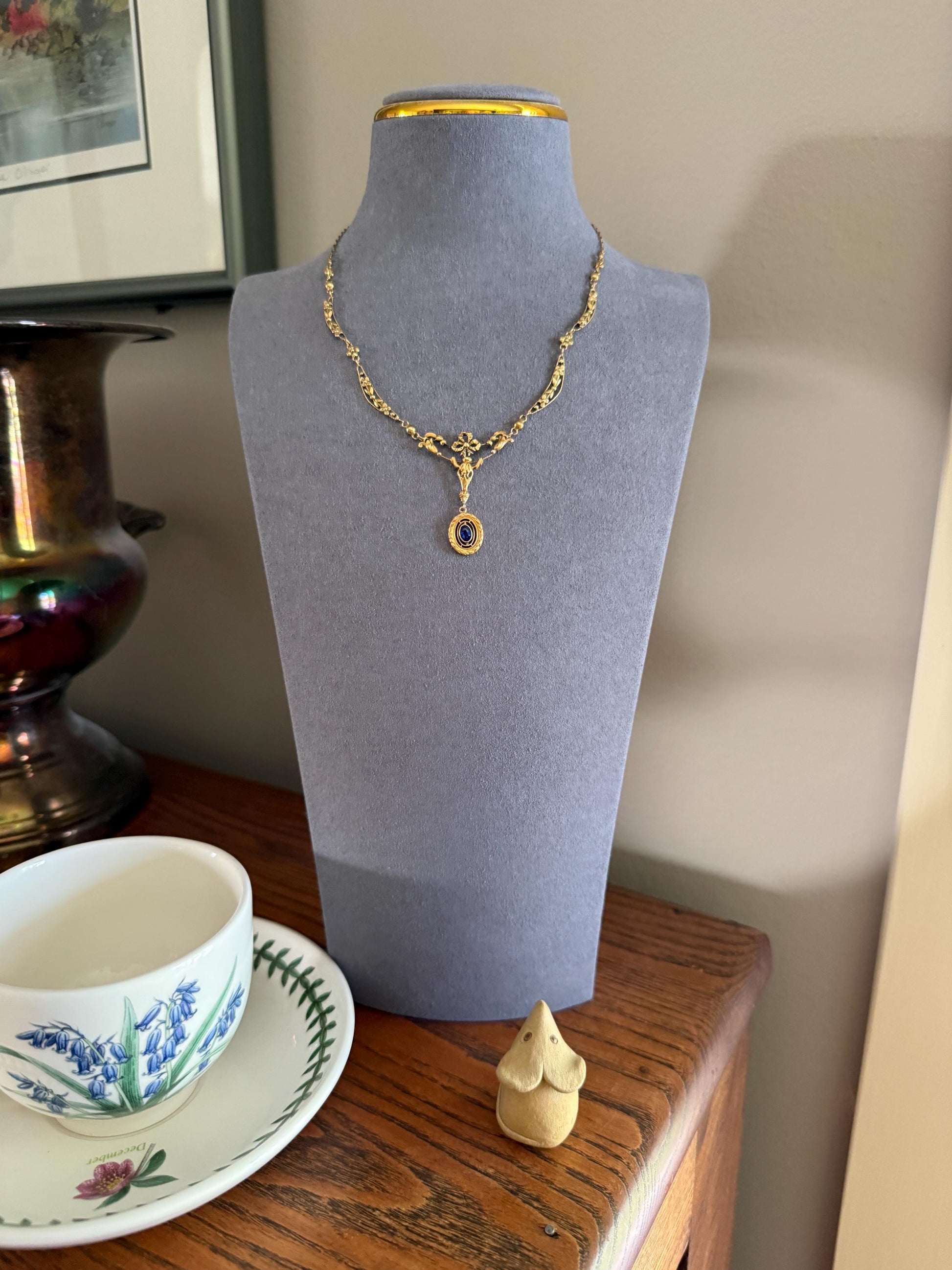 FORGET ME NOTS French Art Nouveau Antique 18k Gold Ribbon Garland Floral Necklace Drapery Chain Collar Flower Pendants Love Gift Bridal