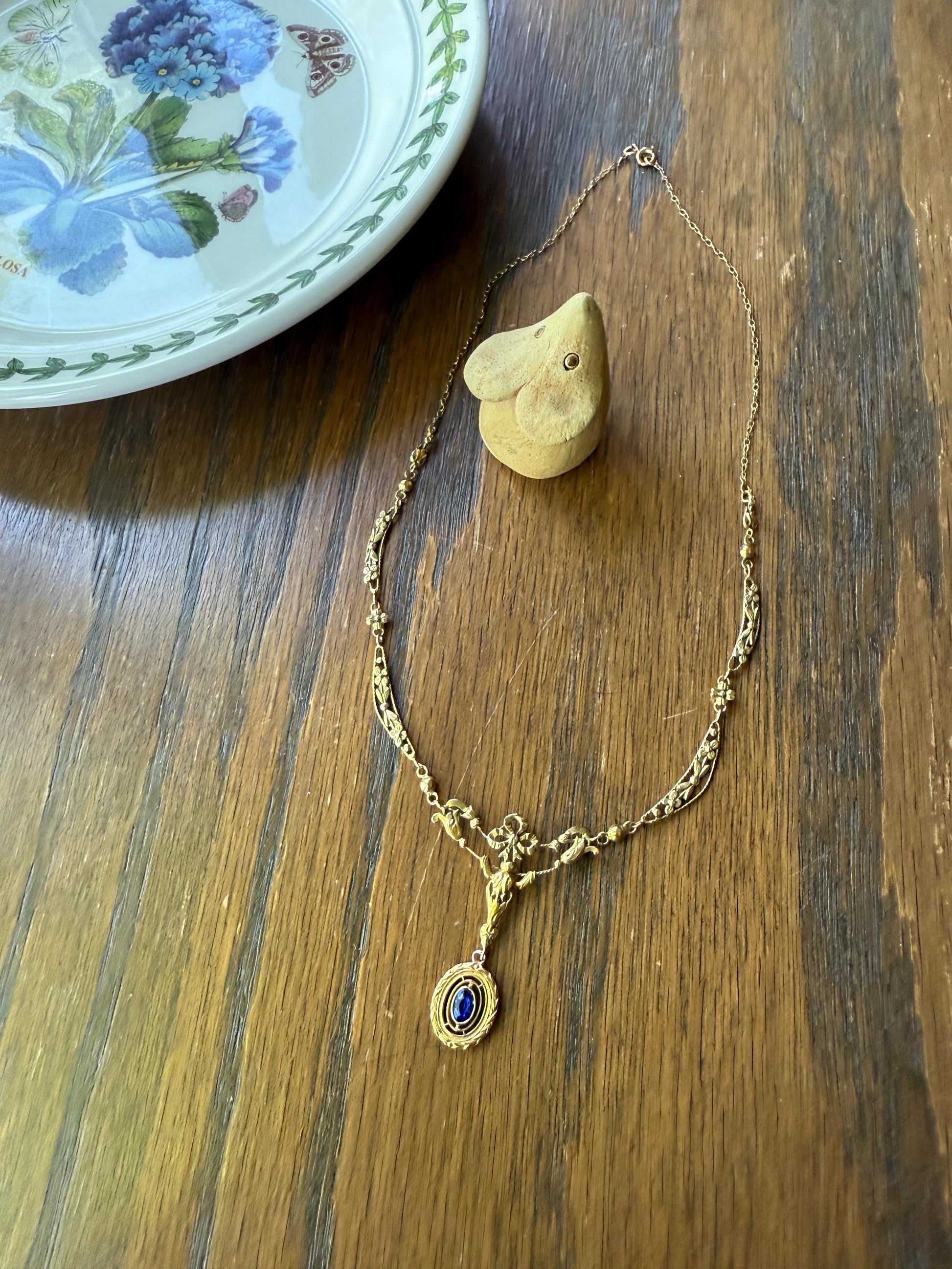 FORGET ME NOTS French Art Nouveau Antique 18k Gold Ribbon Garland Floral Necklace Drapery Chain Collar Flower Pendants Love Gift Bridal