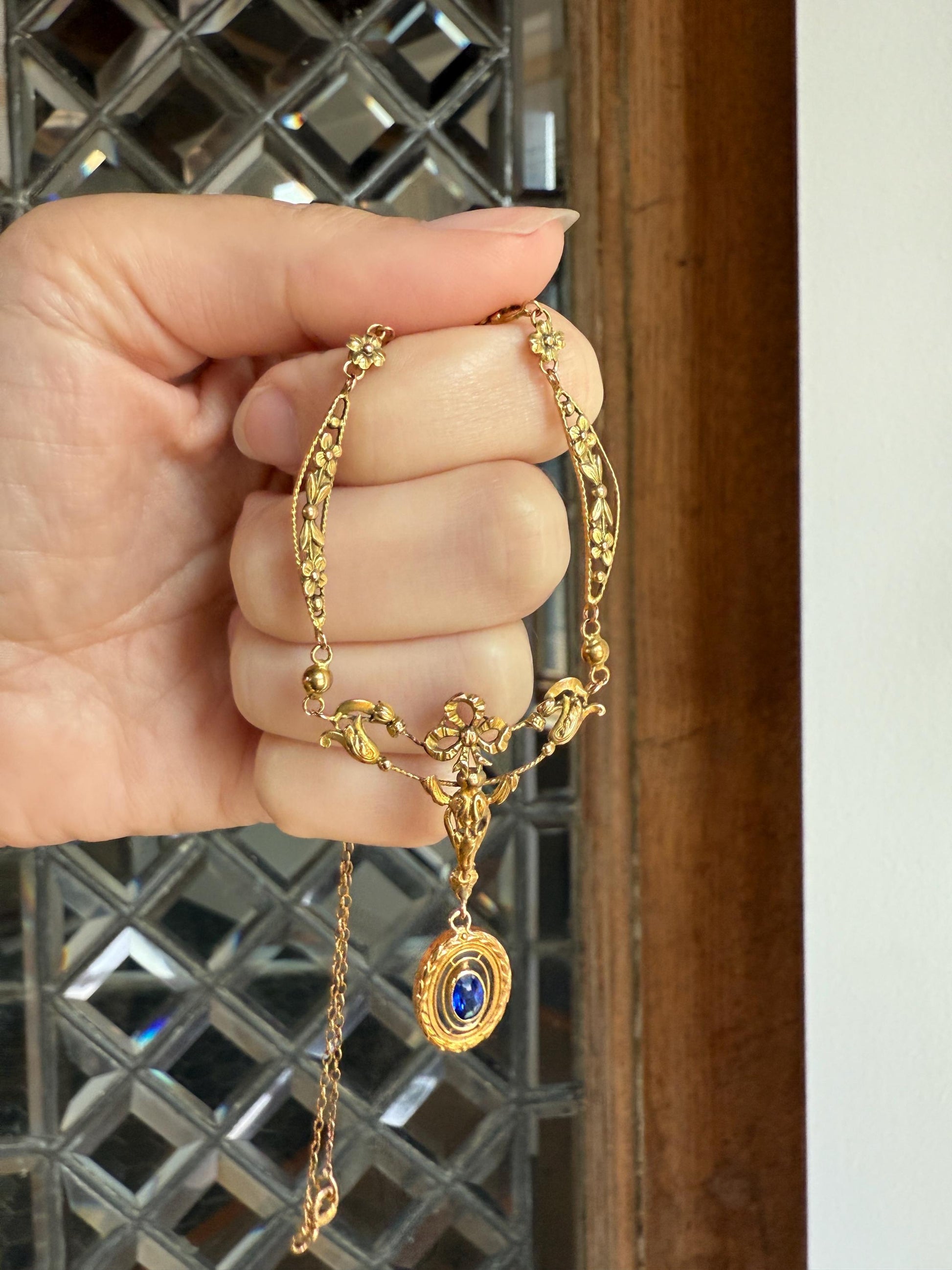 FORGET ME NOTS French Art Nouveau Antique 18k Gold Ribbon Garland Floral Necklace Drapery Chain Collar Flower Pendants Love Gift Bridal