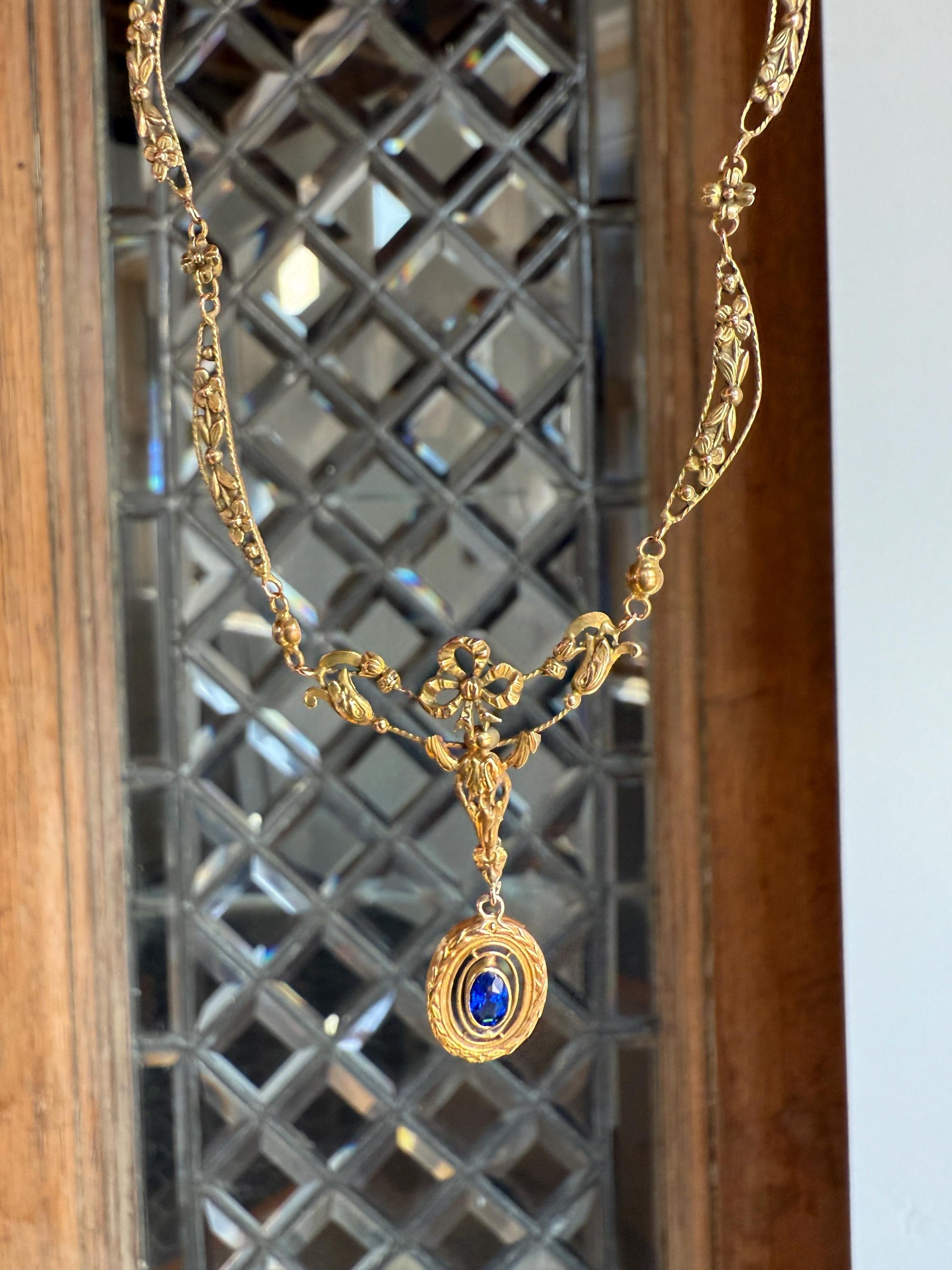 FORGET ME NOTS French Art Nouveau Antique 18k Gold Ribbon Garland Floral Necklace Drapery Chain Collar Flower Pendants Love Gift Bridal