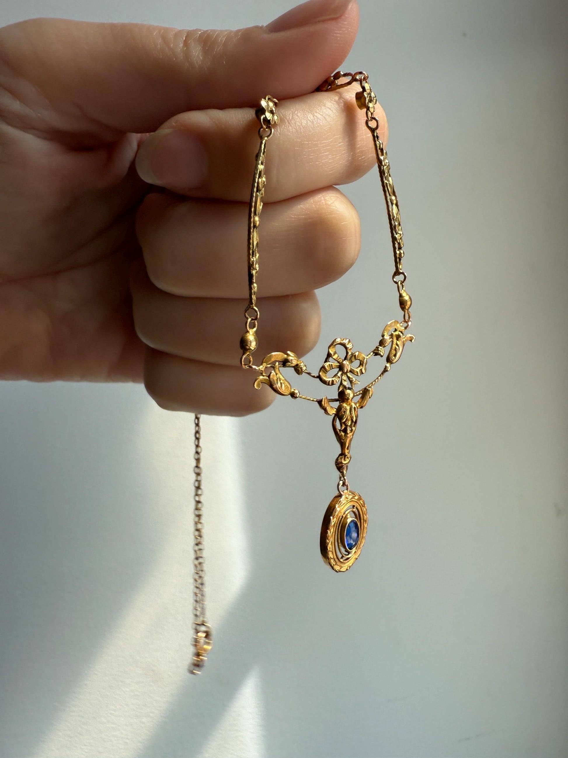FORGET ME NOTS French Art Nouveau Antique 18k Gold Ribbon Garland Floral Necklace Drapery Chain Collar Flower Pendants Love Gift Bridal