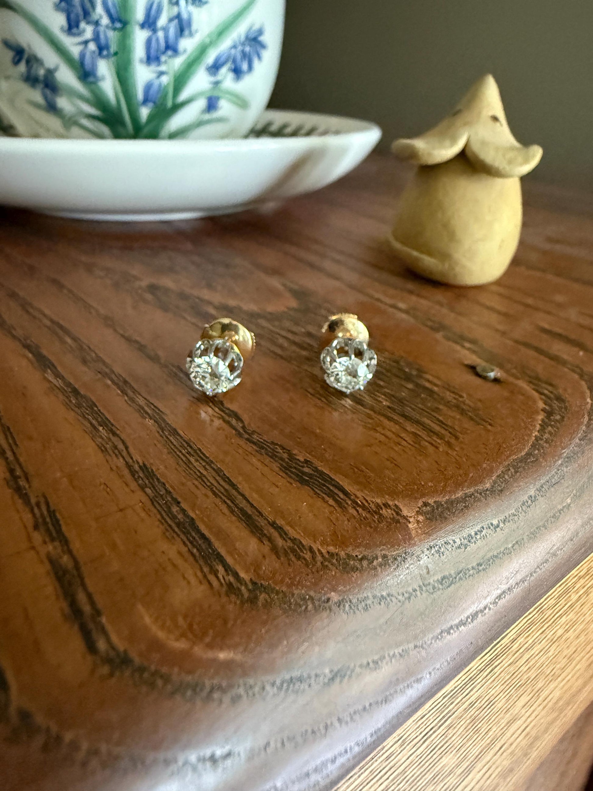 Antique 1 Carat Tdw Old Mine Cut DIAMOND Buttercup Prong Stud Earrings French 18k Gold Romantic Gift Earstack Victorian Belle Epoque 1Ct OMC