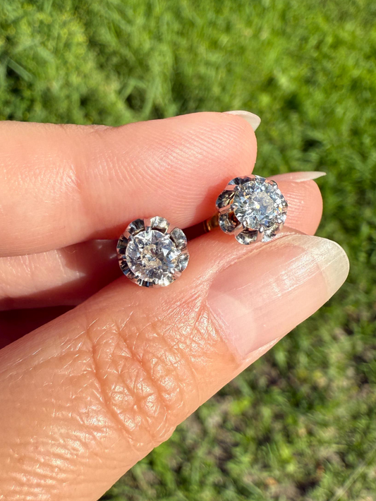 Antique 1 Carat Tdw Old Mine Cut DIAMOND Buttercup Prong Stud Earrings French 18k Gold Victorian Belle Epoque 1Ct OMC