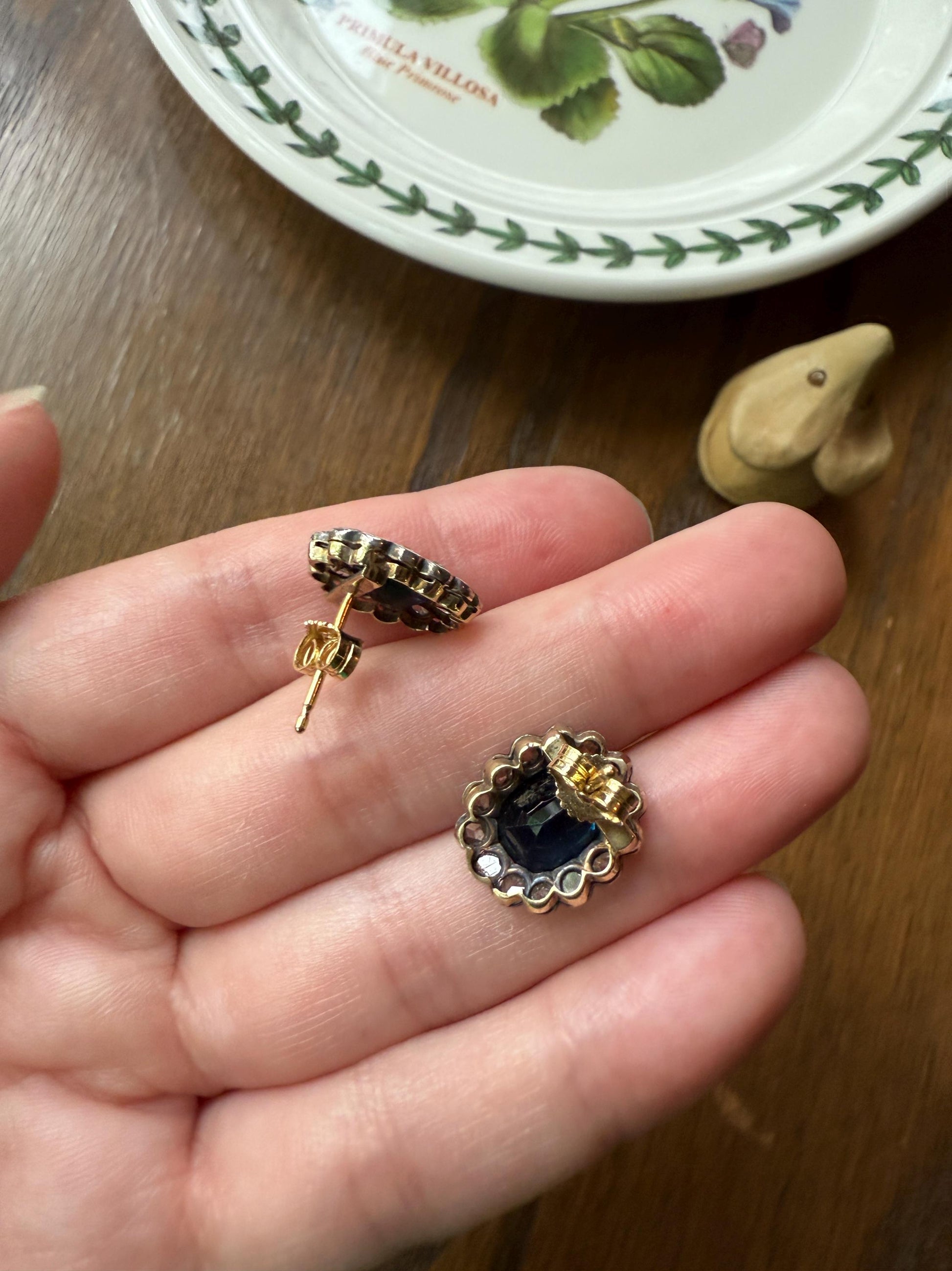 ANTIQUE Oval Natural SAPPHIRE Rose Cut DIAMOND Halo Large Stud Earrings 18k Gold Silver Topped Ornate Scalloped Something Old Blue Bridal