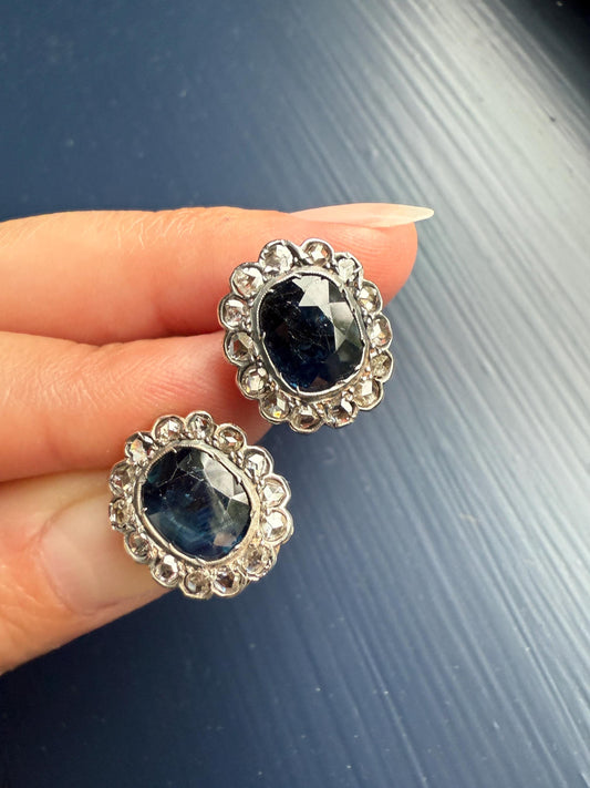 ANTIQUE Oval Natural SAPPHIRE Rose Cut DIAMOND Halo Large Stud Earrings 18k Gold Silver Topped Ornate Scalloped Something Old Blue Bridal