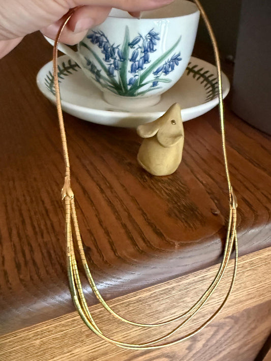 HEAVY 28g 18k Gold Solid Vintage Triple Strand Shimmering Liquid Chain Whale Tale Crocus Flower Ornament Snake Link Drapery Necklace Glowing