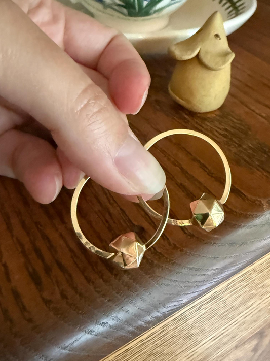 Vintage to Antique French Savoyard CREOLE Hoop EARRINGS 18k Gold Faceted Ball Shimmering Geometric