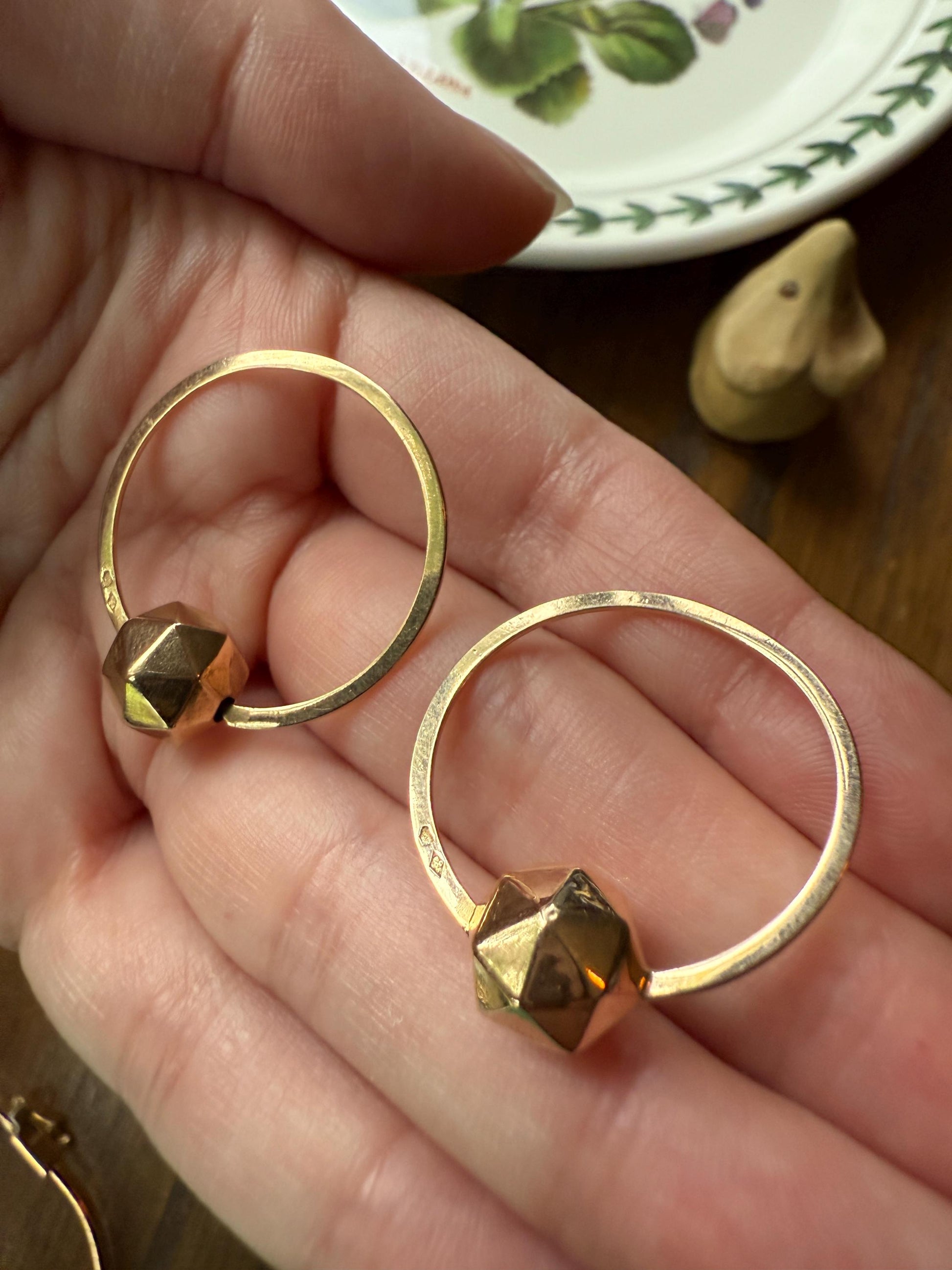 Vintage to Antique French Savoyard CREOLE Hoop EARRINGS 18k Gold Faceted Ball Shimmering Geometric