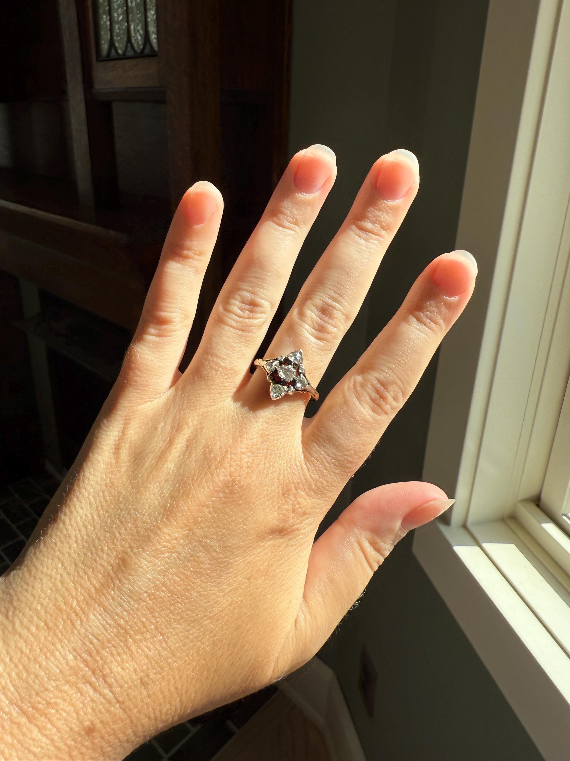 Cruciform PEAR Domed Triangular Rose Cut DIAMOND Ring Victorian Antique 14k Gold Silver Collets Georgian Revival Embossed Shank