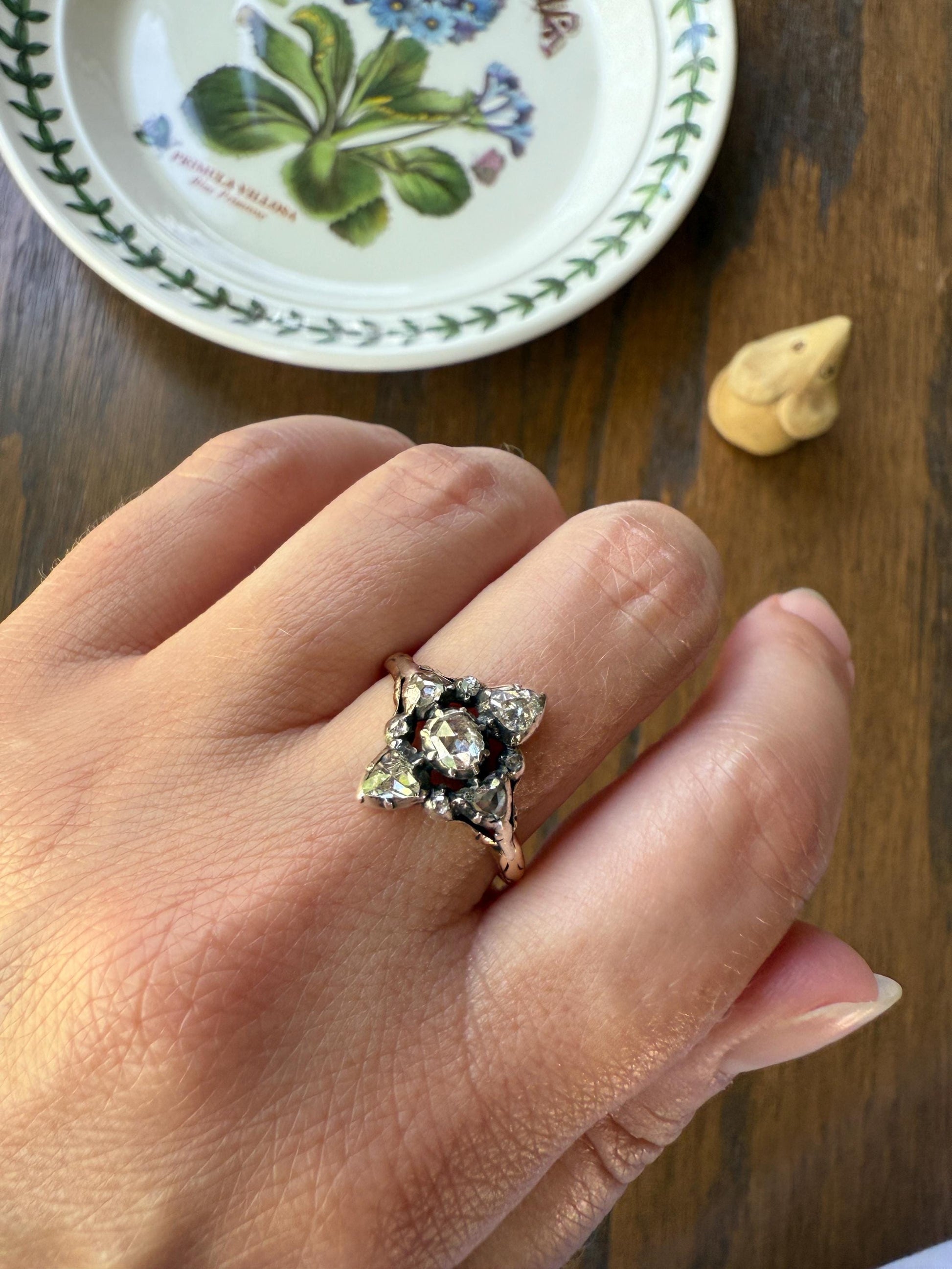 Cruciform PEAR Domed Triangular Rose Cut DIAMOND Ring Victorian Antique 14k Gold Silver Collets Georgian Revival Embossed Shank