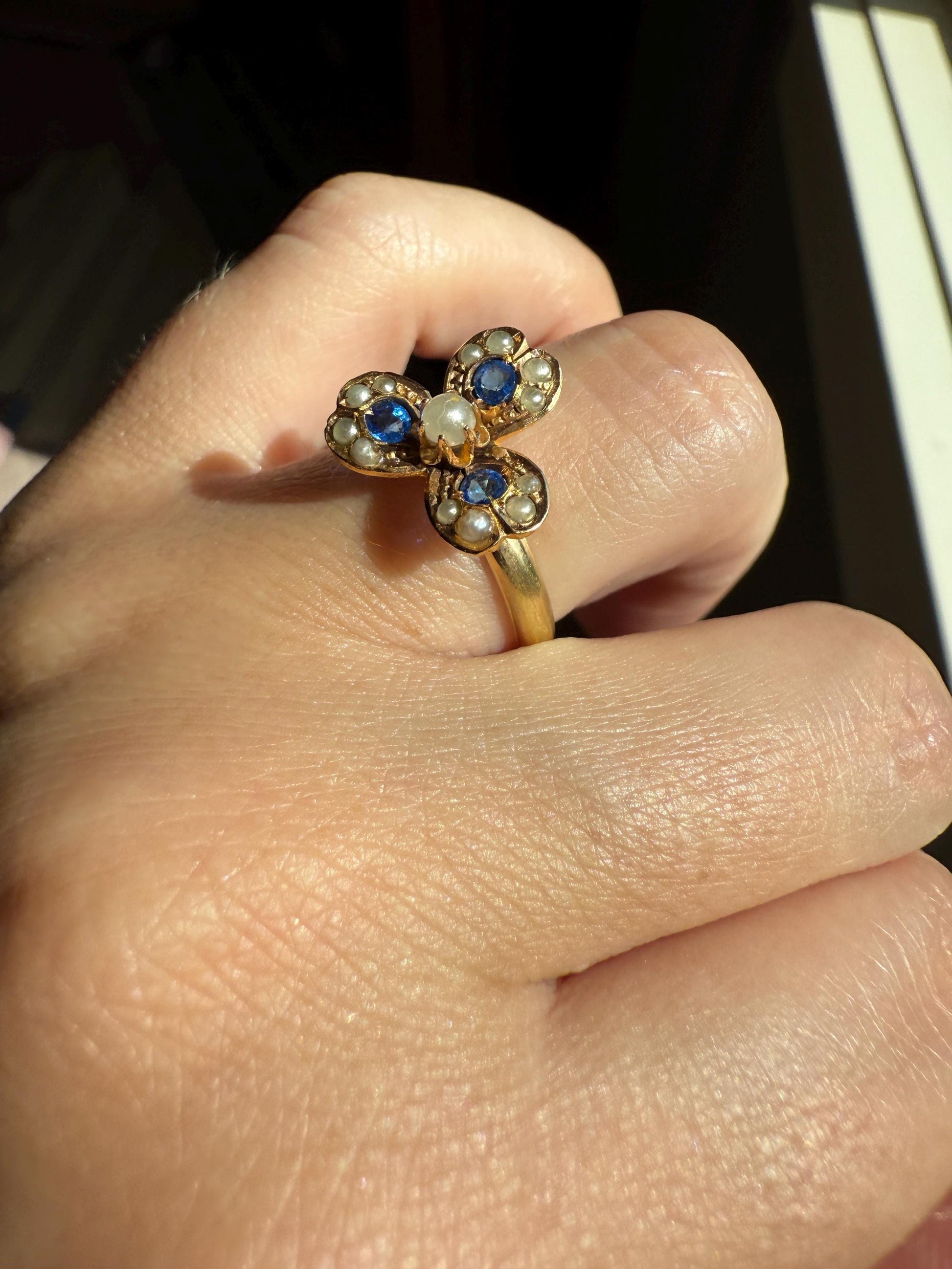 SPINNER Figural Flower Pearl Blue Paste Sapphire Antique Ring 18k Gold Victorian Moveable Face Unique One of a Kind
