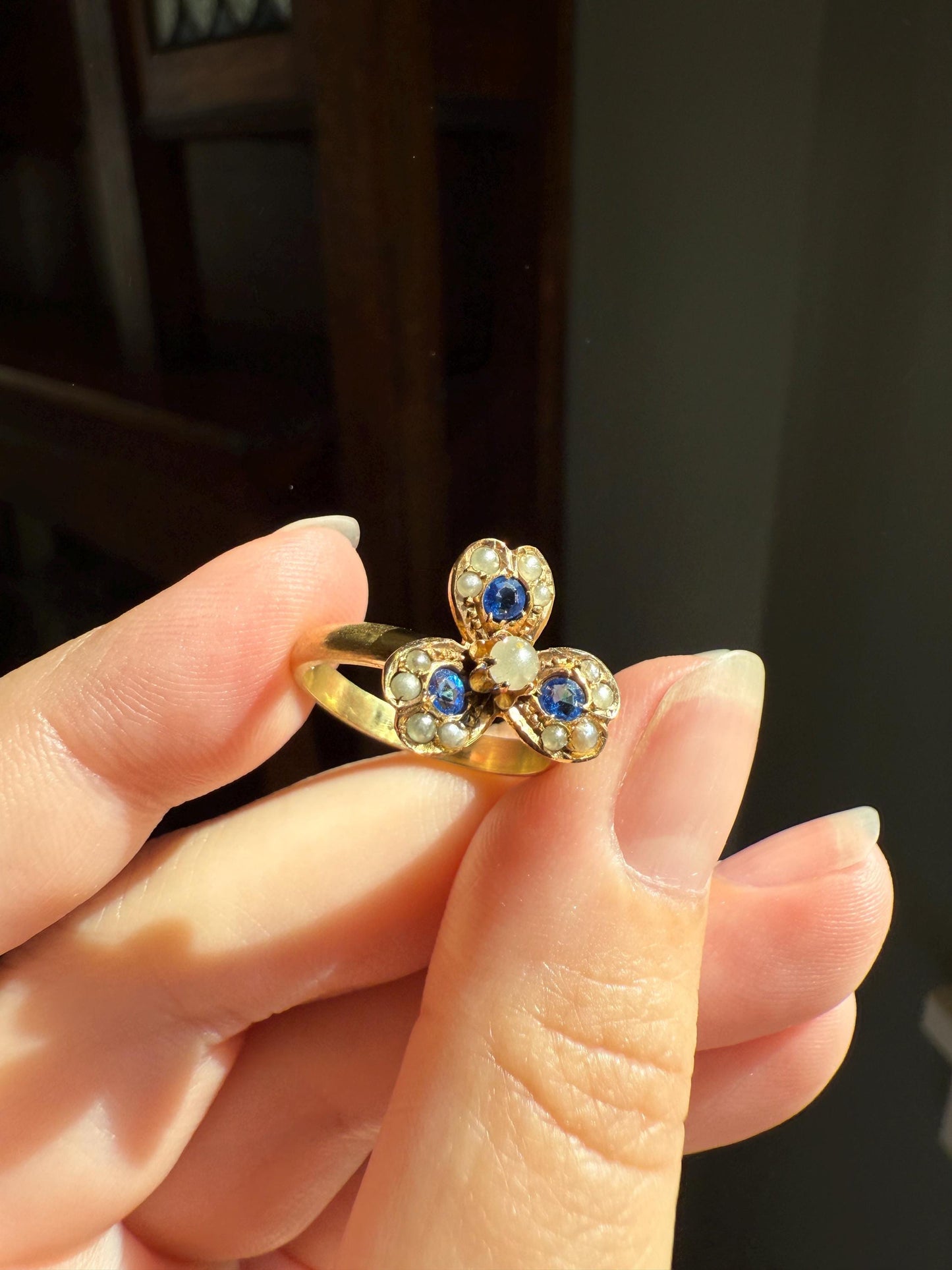 SPINNER Figural Flower Pearl Blue Paste Sapphire Antique Ring 18k Gold Victorian Moveable Face Unique One of a Kind