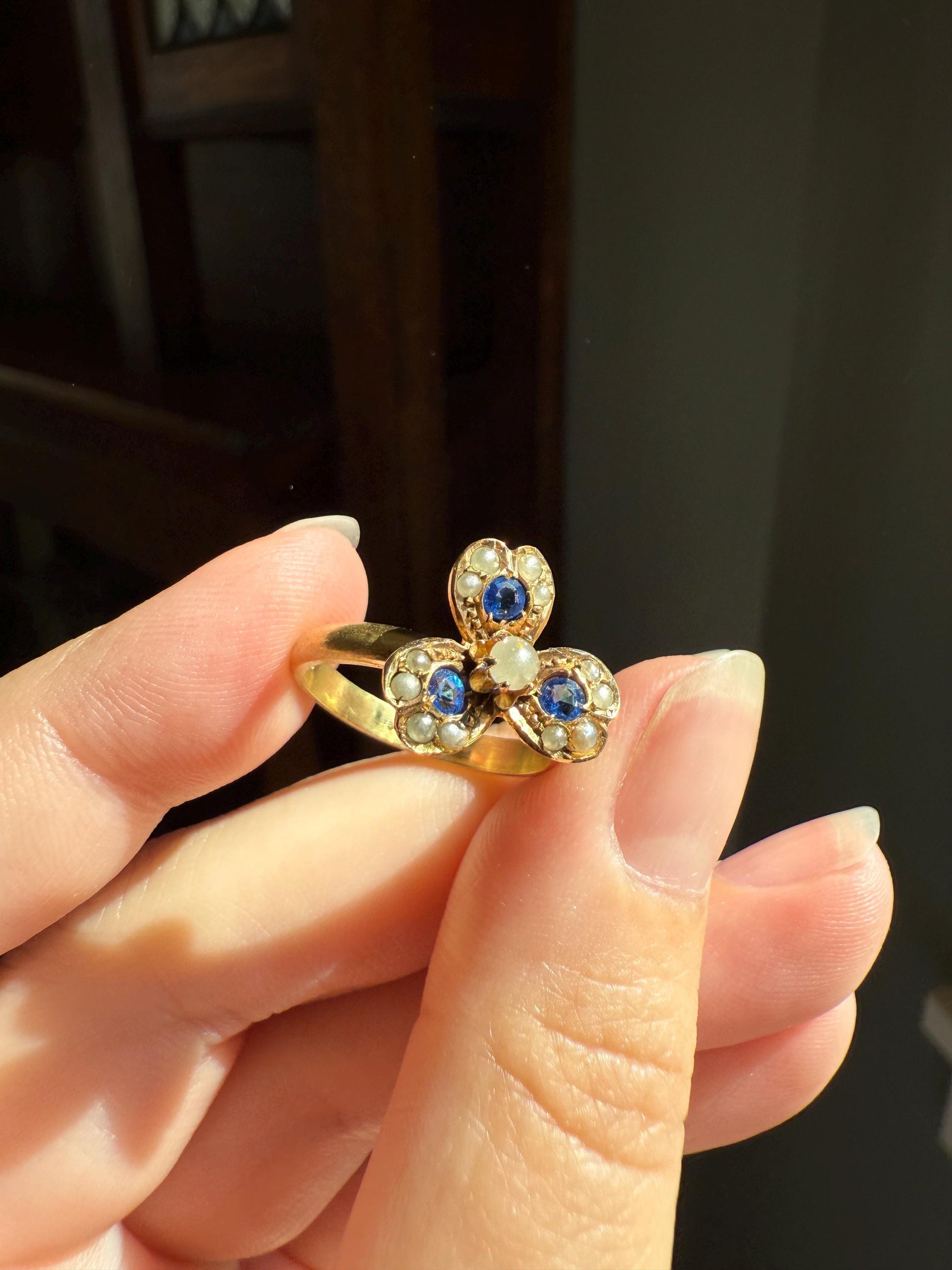 SPINNER Figural Flower Pearl Blue Paste Sapphire Antique Ring 18k Gold Victorian Moveable Face Unique One of a Kind