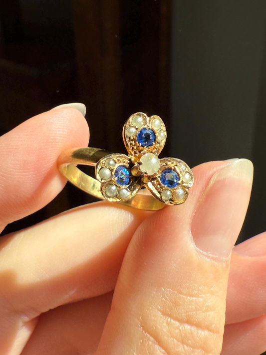 SPINNER Figural Flower Pearl Blue Paste Sapphire Antique Ring 18k Gold Victorian Moveable Face Unique One of a Kind