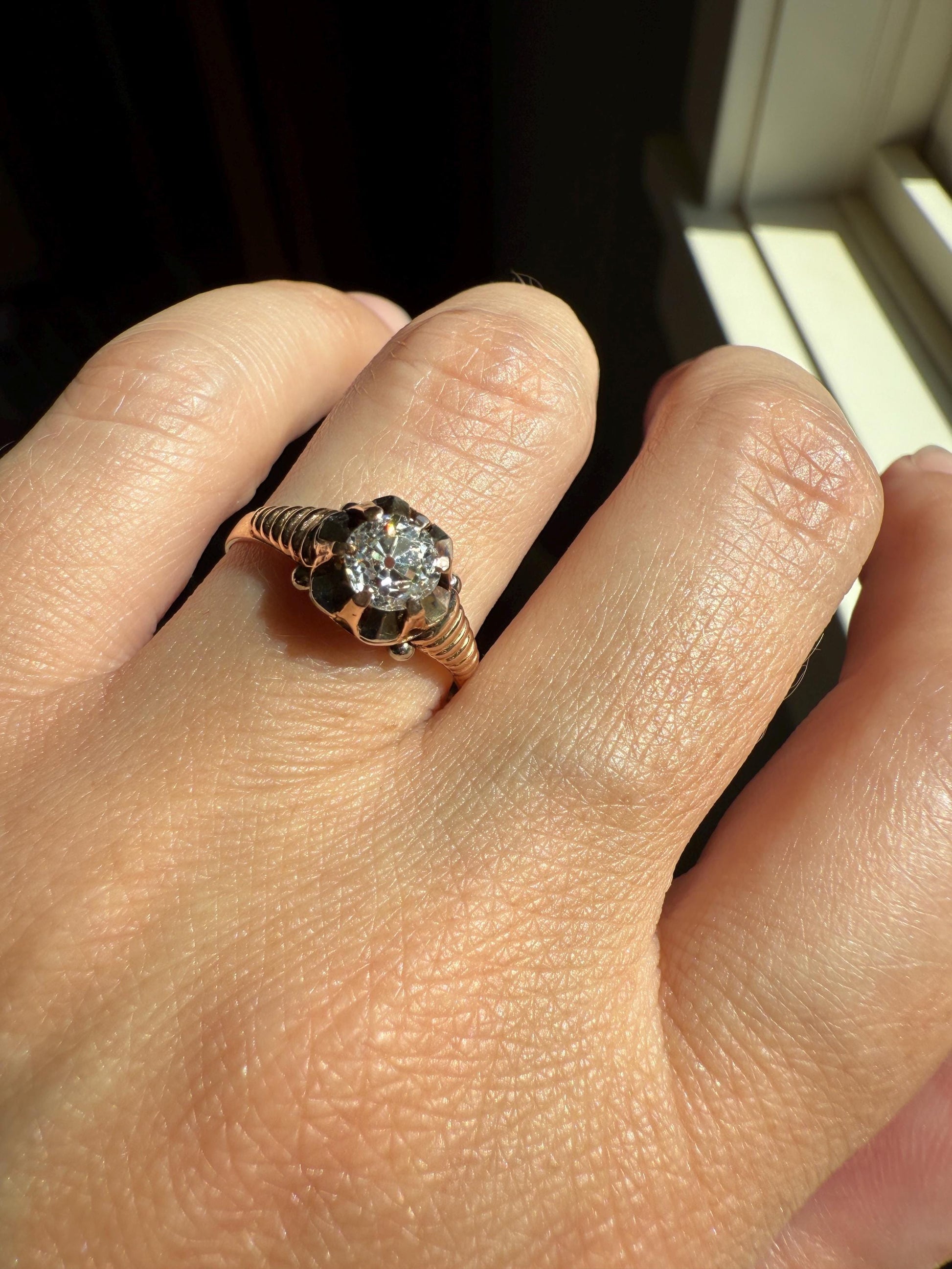 VICTORIAN Antique 2/3 Carat EYE CLEAN Old Mine Cut Diamond Engagement Ring 18k Gold Solitaire Basket Setting Lined Stacker Gift .67Ct OmC