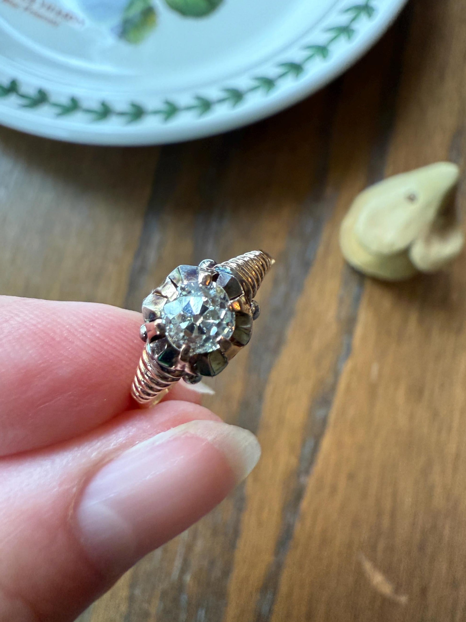 VICTORIAN Antique 2/3 Carat EYE CLEAN Old Mine Cut Diamond Engagement Ring 18k Gold Solitaire Basket Setting Lined Stacker Gift .67Ct OmC