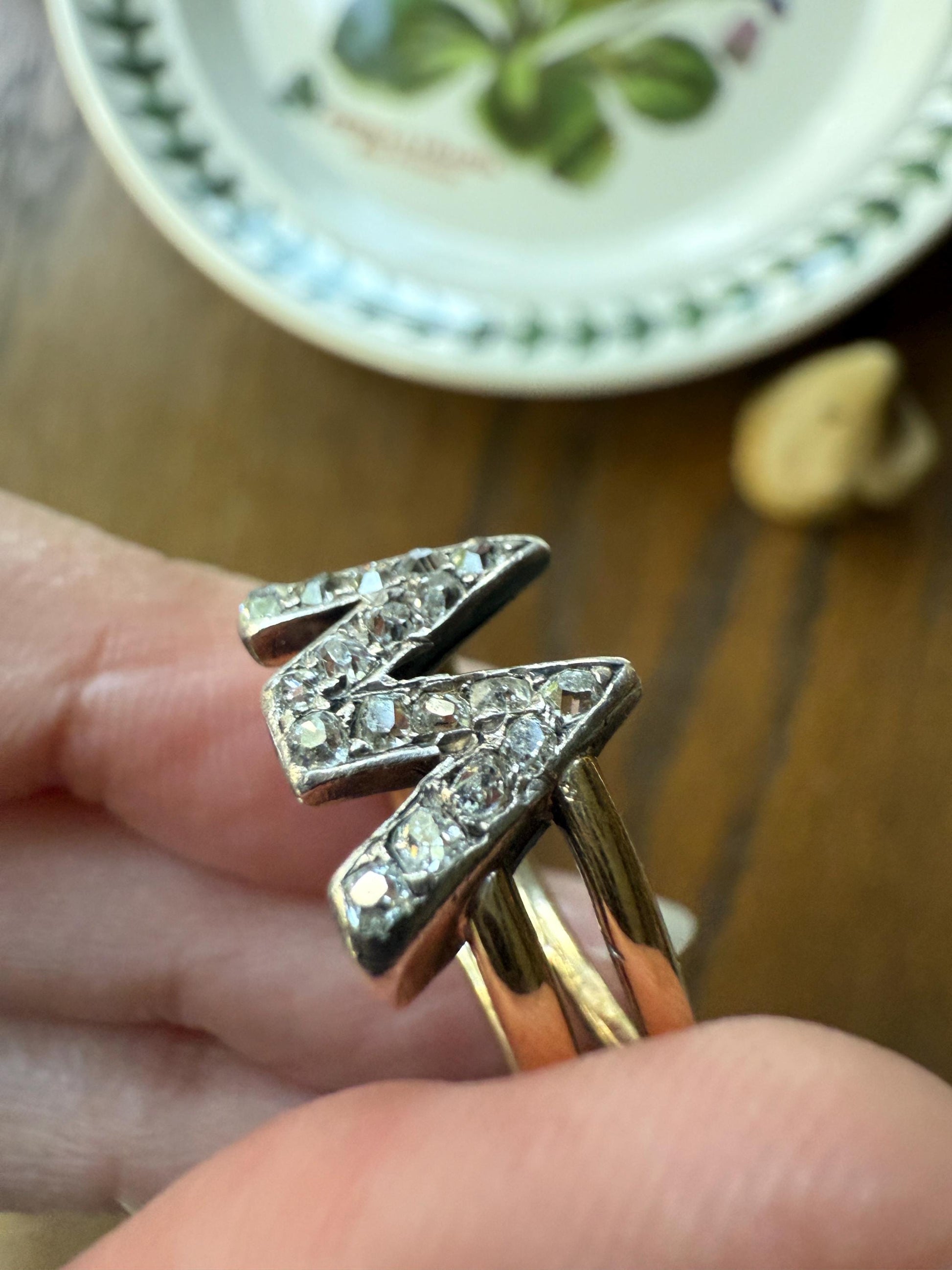 Antique INITIAL Ring M W VV 18 Old Mine Cut DIAMOND 18k Gold Ring Wide Double Band Romantic Gift Letter Stacker Monogram