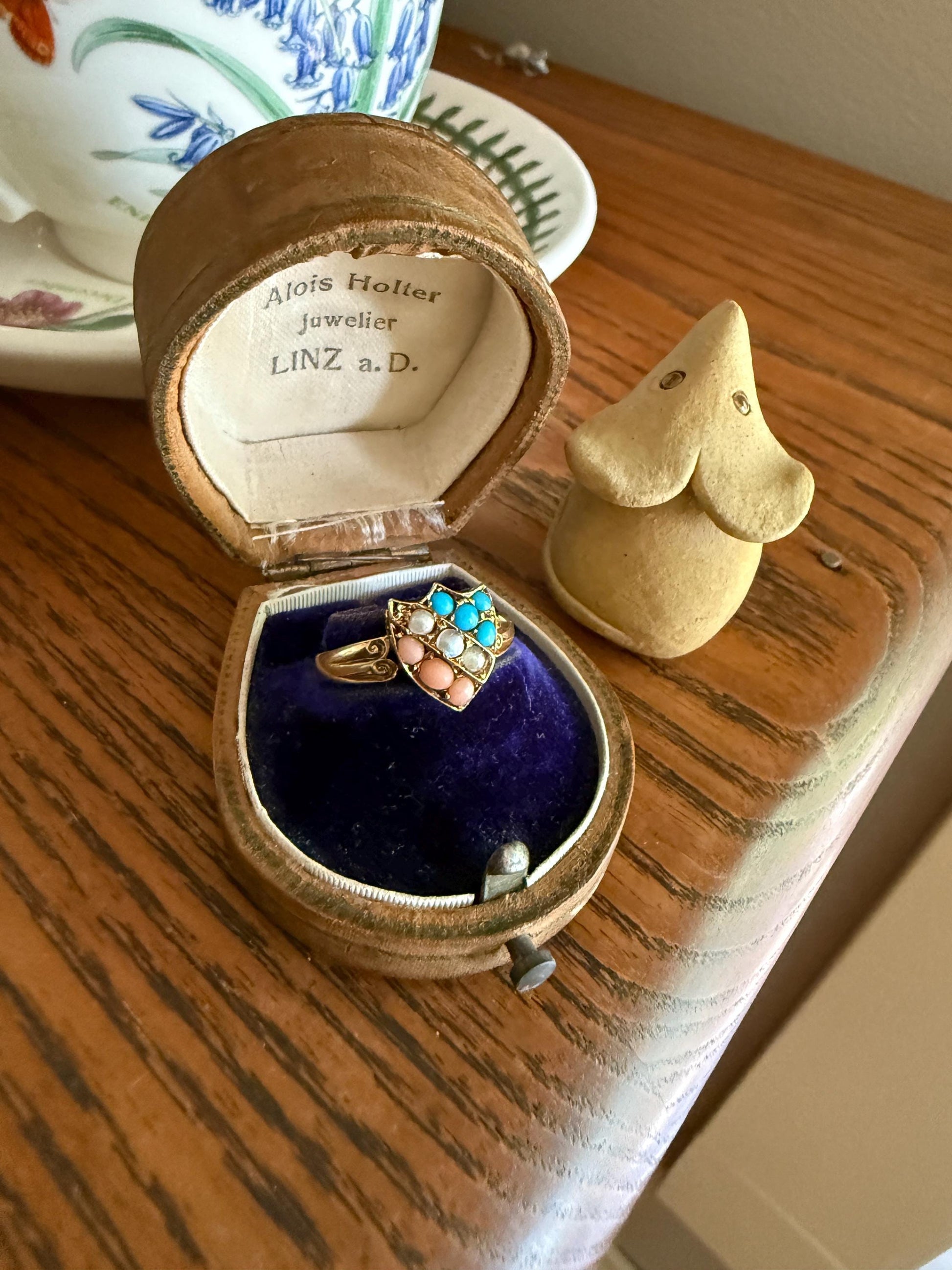 Antique SHIELD Turquoise Pearl Coral Striped 14k Gold Figural Ring Victorian Colorful Geometric Stacker Gift Ringstack Blue Salmon White