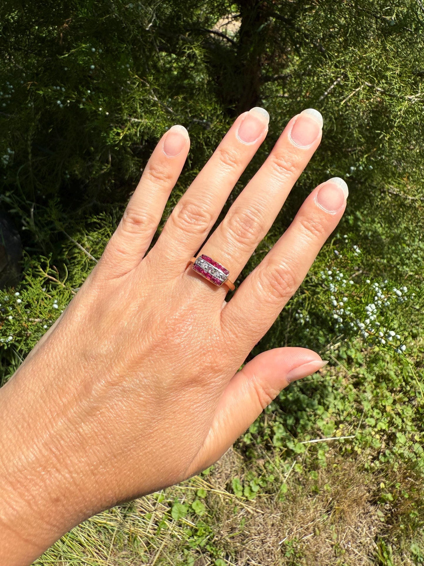 Antique RUBY Rose Cut DIAMOND 18k Gold Linear Grid Ring Rectangular Pink Geometric Carre Channel Set Striped Stacker Sparkle Romantic Gift