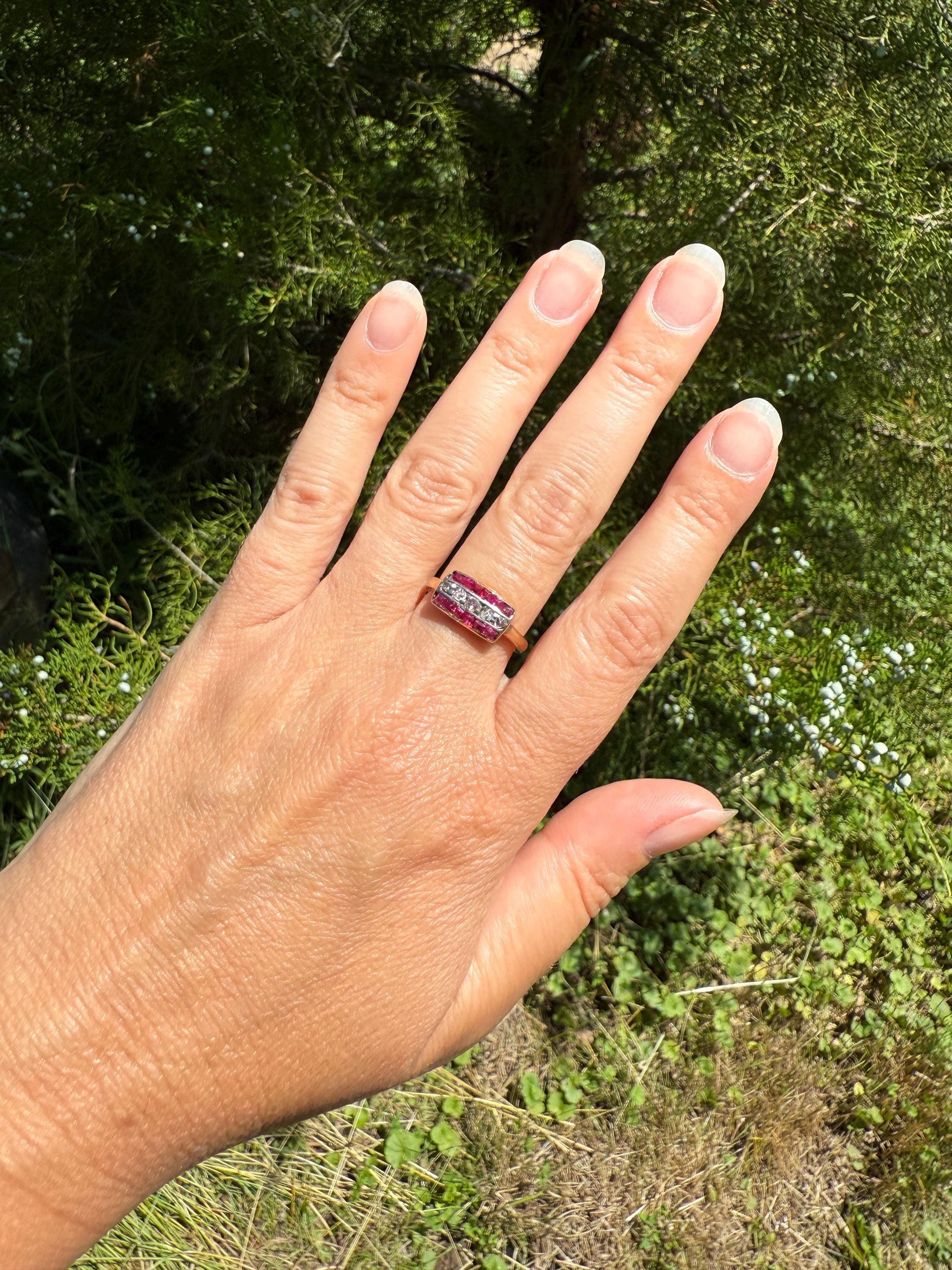 Antique RUBY Rose Cut DIAMOND 18k Gold Linear Grid Ring Rectangular Pink Geometric Carre Channel Set Striped Stacker Sparkle Romantic Gift
