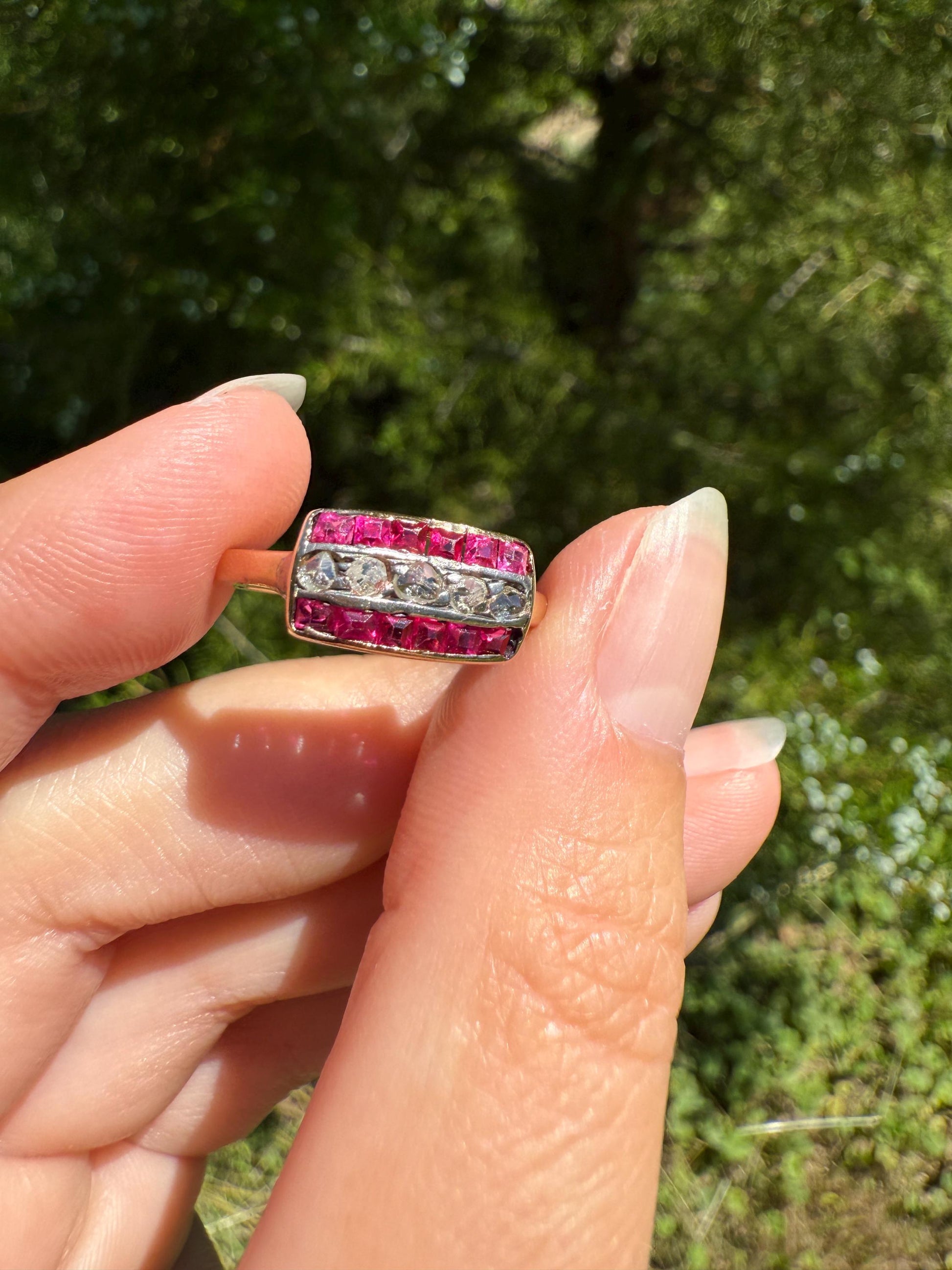 Antique RUBY Rose Cut DIAMOND 18k Gold Linear Grid Ring Rectangular Pink Geometric Carre Channel Set Striped Stacker Sparkle Romantic Gift