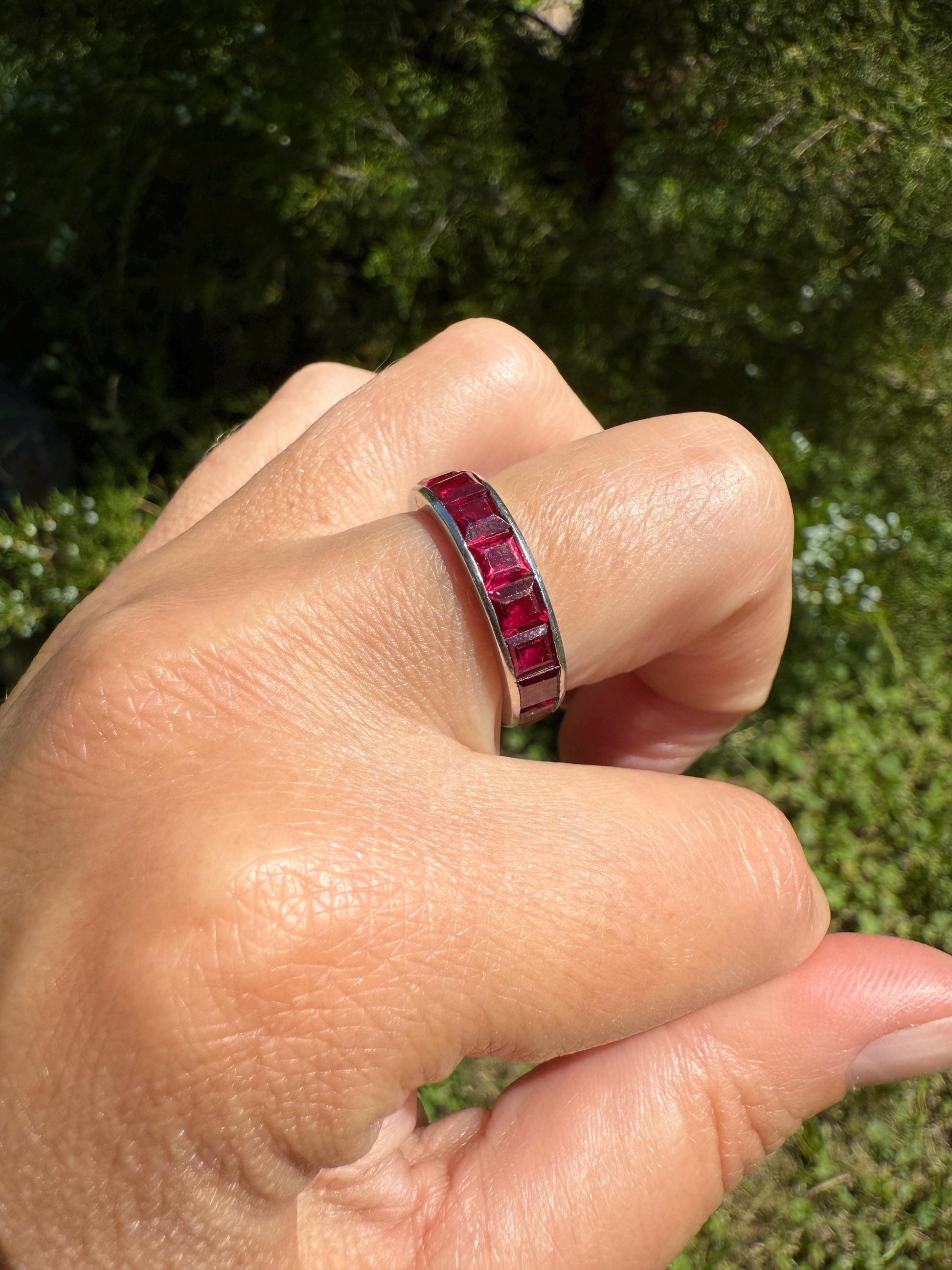 PLATINUM French Vintage Channel Set RUBY Full ETERNITY Band 4.7mm Wide Ring Skinny Line Stacker Romantic Gift Square Carre Cut Pink