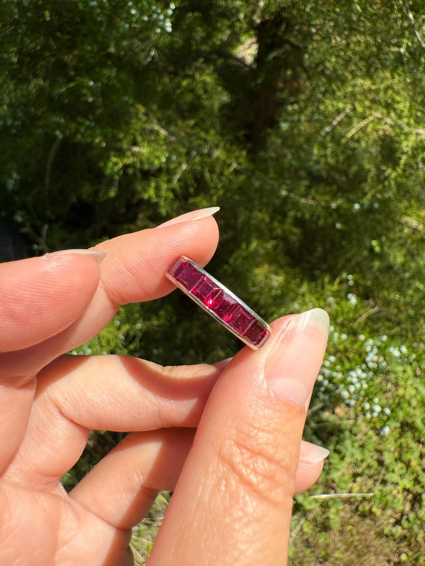 PLATINUM French Vintage Channel Set RUBY Full ETERNITY Band 4.7mm Wide Ring Skinny Line Stacker Romantic Gift Square Carre Cut Pink