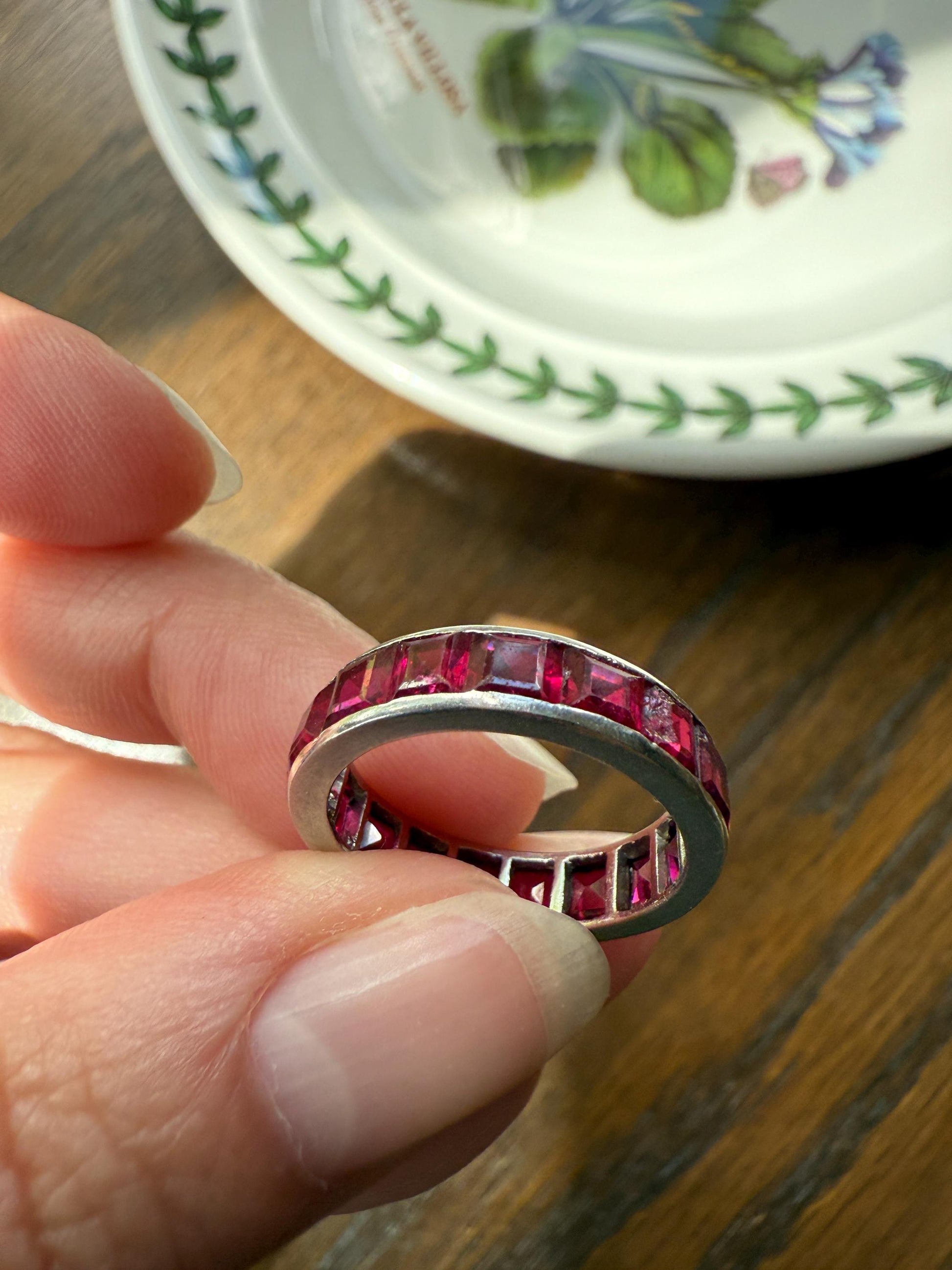 PLATINUM French Vintage Channel Set RUBY Full ETERNITY Band 4.7mm Wide Ring Skinny Line Stacker Romantic Gift Square Carre Cut Pink