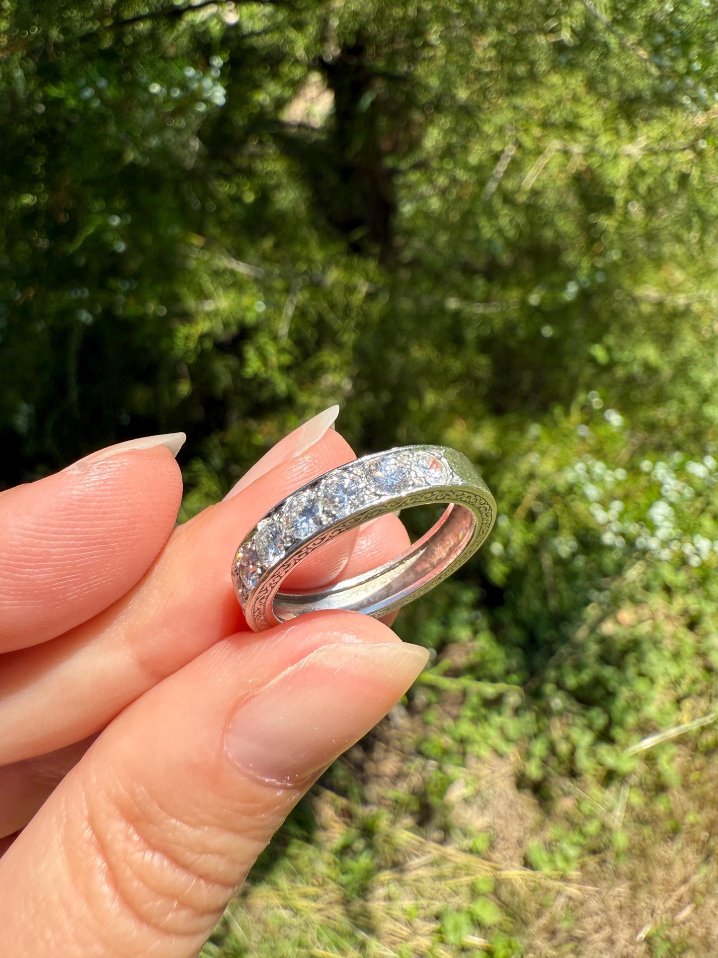 PLATINUM French Vintage 1.1 Carat DIAMOND Half Eternity Hoop Band 3.8mm Wide Engraved Eight Stone Ring Skinny Line Stacker Romantic Gift