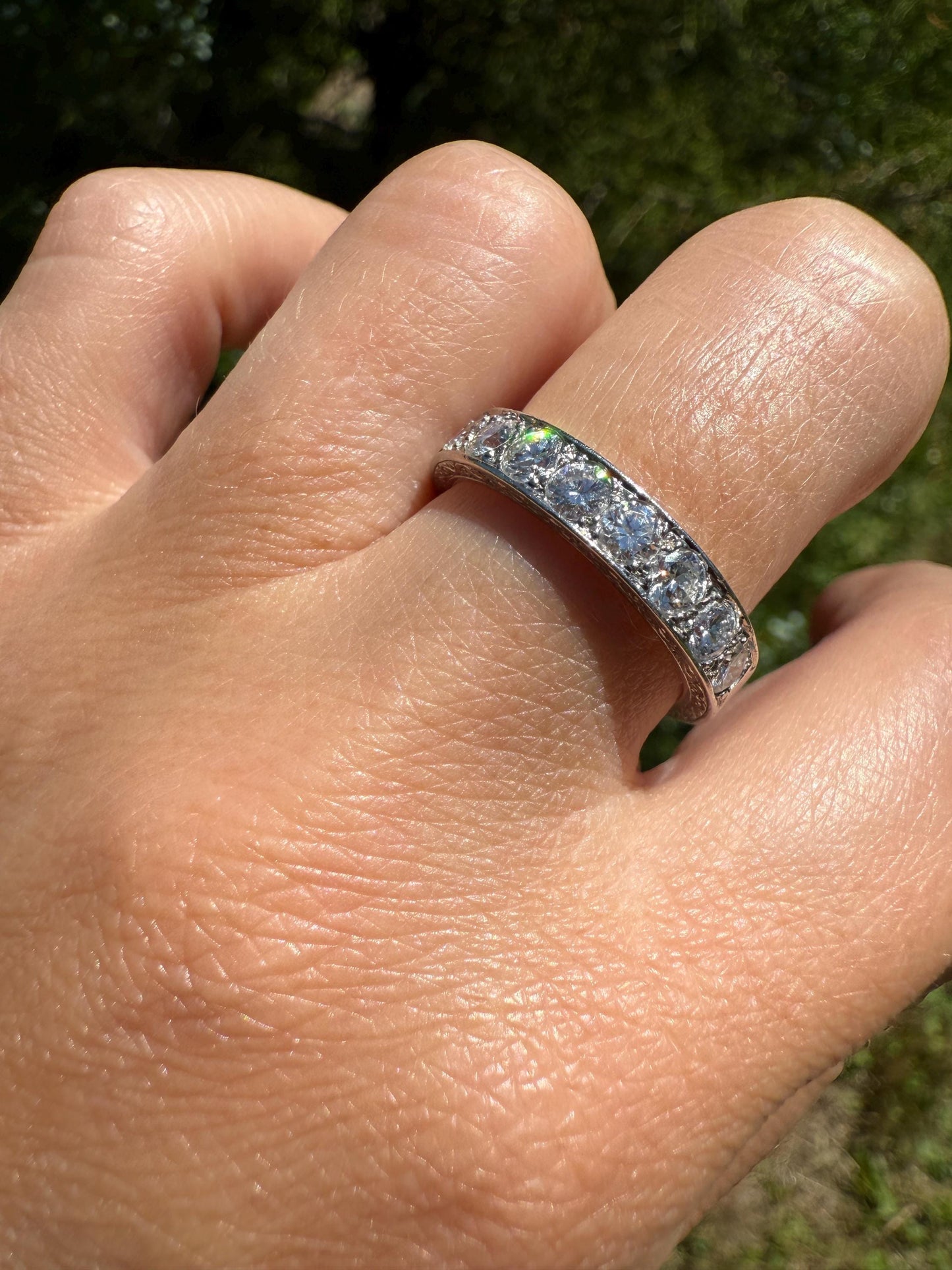 PLATINUM French Vintage 1.1 Carat DIAMOND Half Eternity Hoop Band 3.8mm Wide Engraved Eight Stone Ring Skinny Line Stacker Romantic Gift