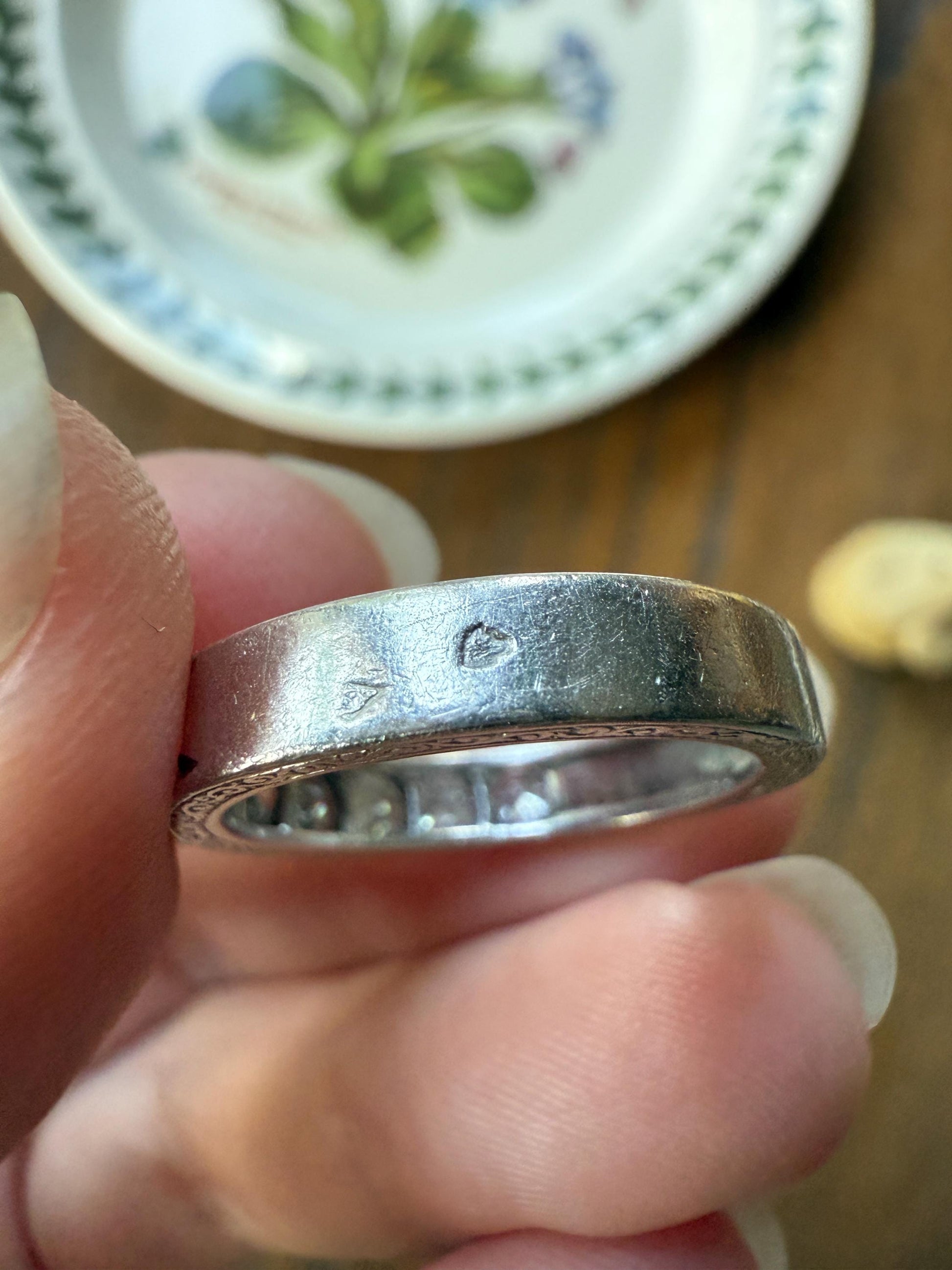 PLATINUM French Vintage 1.1 Carat DIAMOND Half Eternity Hoop Band 3.8mm Wide Engraved Eight Stone Ring Skinny Line Stacker Romantic Gift