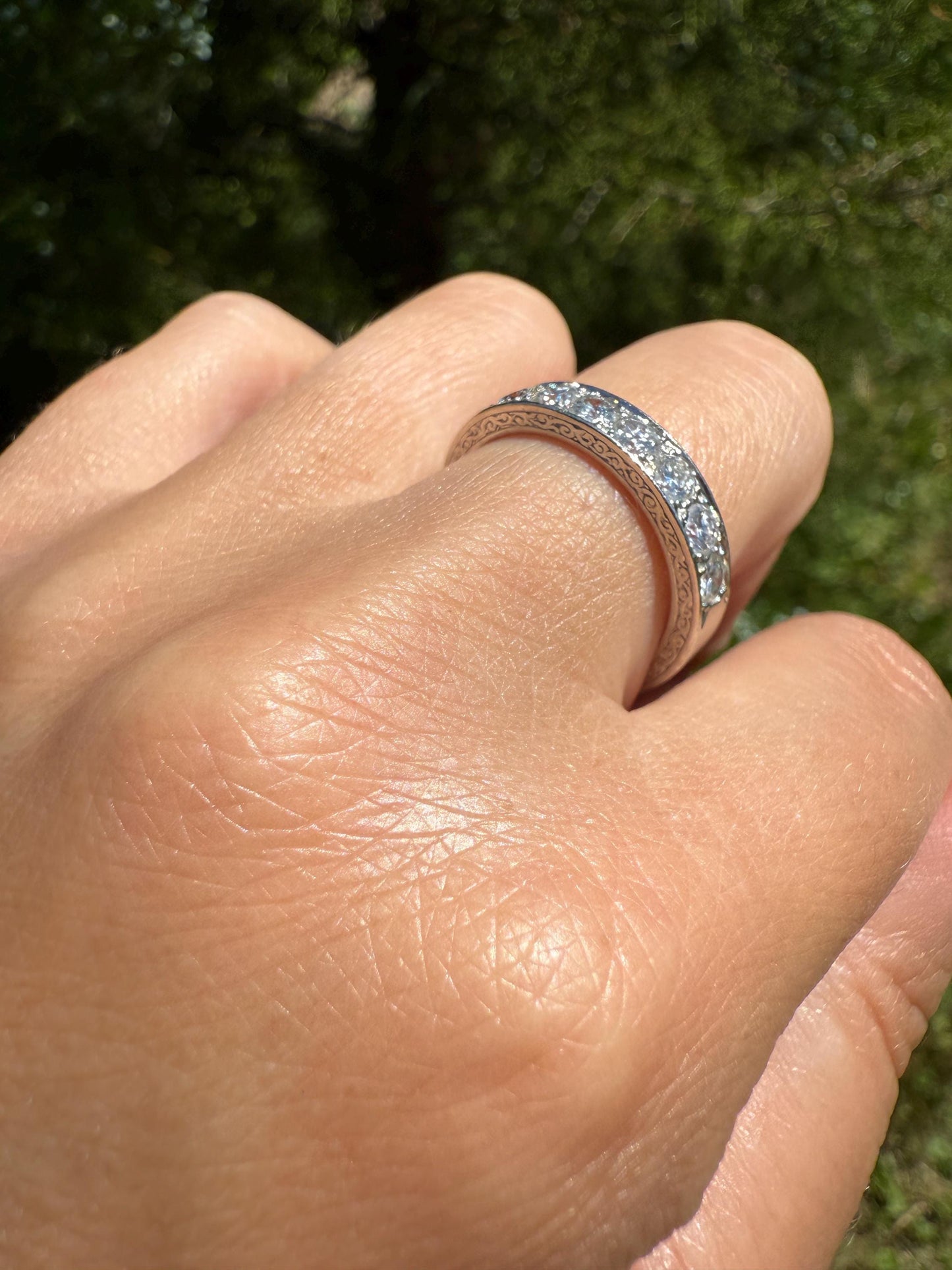 PLATINUM French Vintage 1.1 Carat DIAMOND Half Eternity Hoop Band 3.8mm Wide Engraved Eight Stone Ring Skinny Line Stacker Romantic Gift