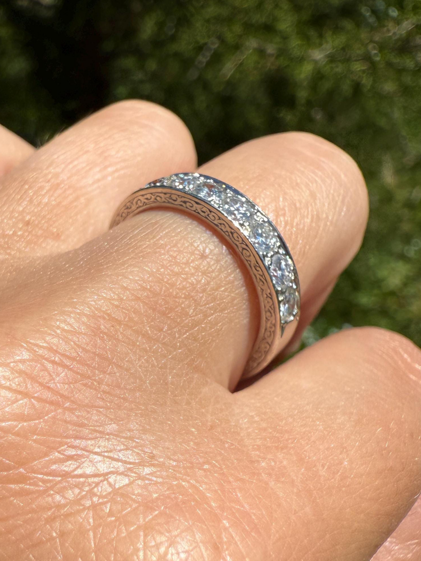 PLATINUM French Vintage 1.1 Carat DIAMOND Half Eternity Hoop Band 3.8mm Wide Engraved Eight Stone Ring Skinny Line Stacker Romantic Gift