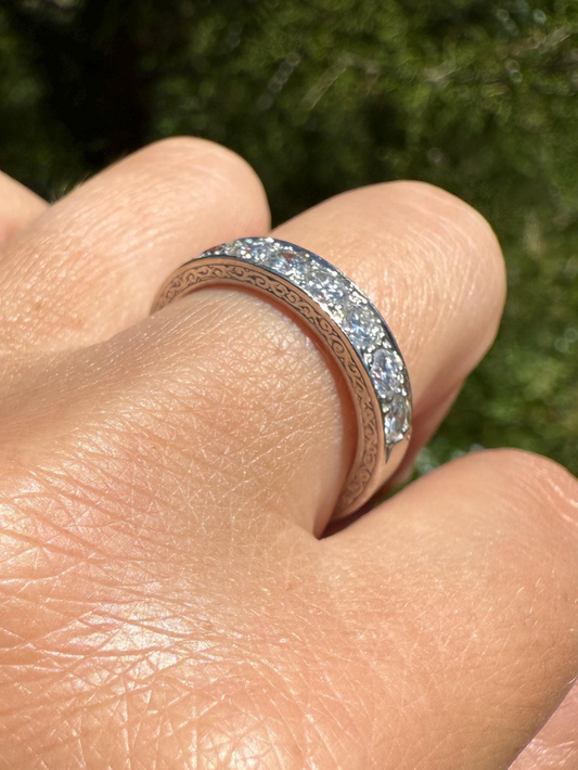 PLATINUM French Vintage 1.1 Carat DIAMOND Half Eternity Hoop Band 3.8mm Wide Engraved Eight Stone Ring Skinny Line Stacker Romantic Gift