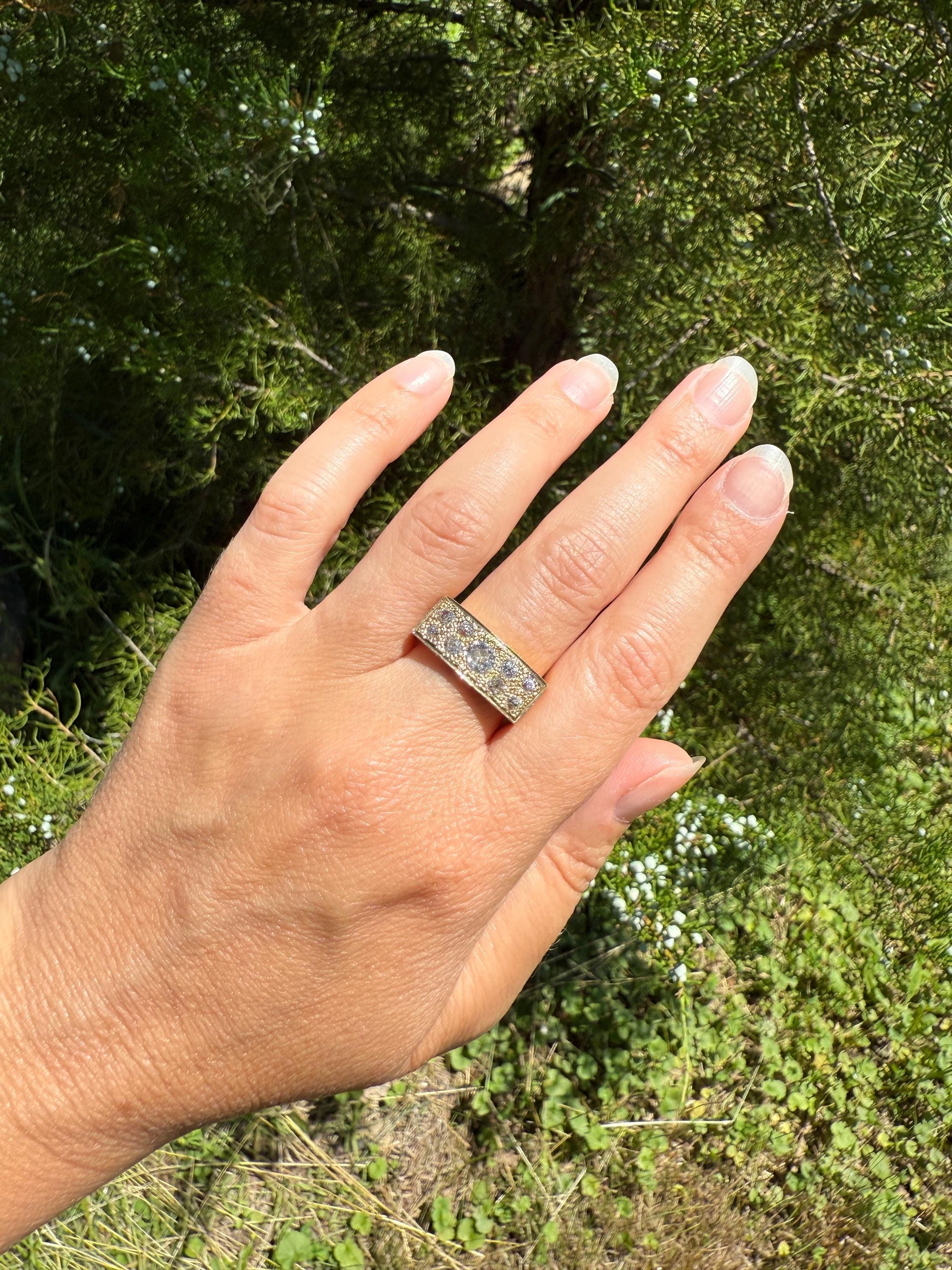 Transitional & Old Mine Cut DIAMOND 1Ctw French Vintage Grid Ring Platform Unisex Nine Stone Sturdy 7.5g 18k Gold Chunky Signet Stacker Gift