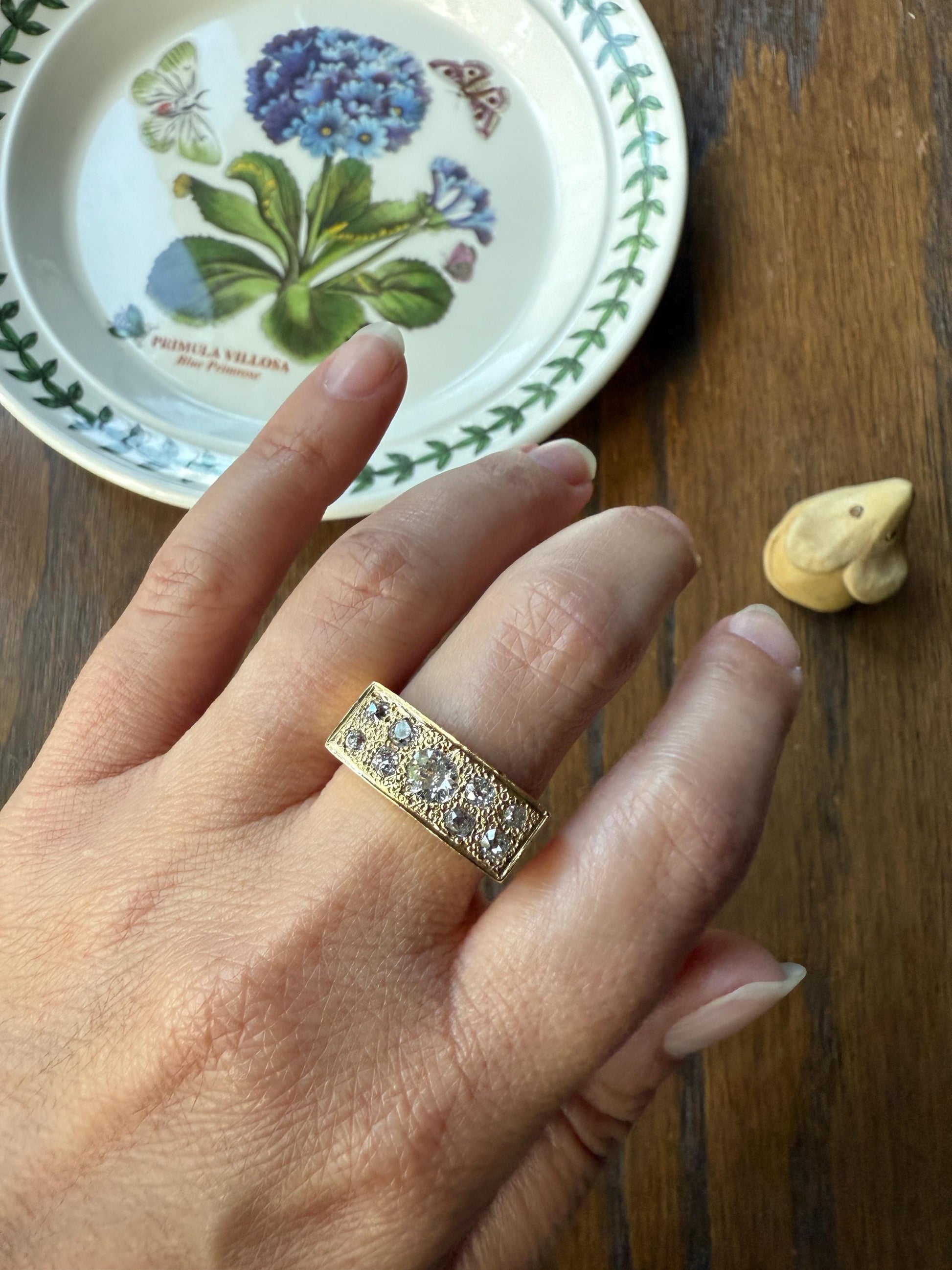 Transitional & Old Mine Cut DIAMOND 1Ctw French Vintage Grid Ring Platform Unisex Nine Stone Sturdy 7.5g 18k Gold Chunky Signet Stacker Gift