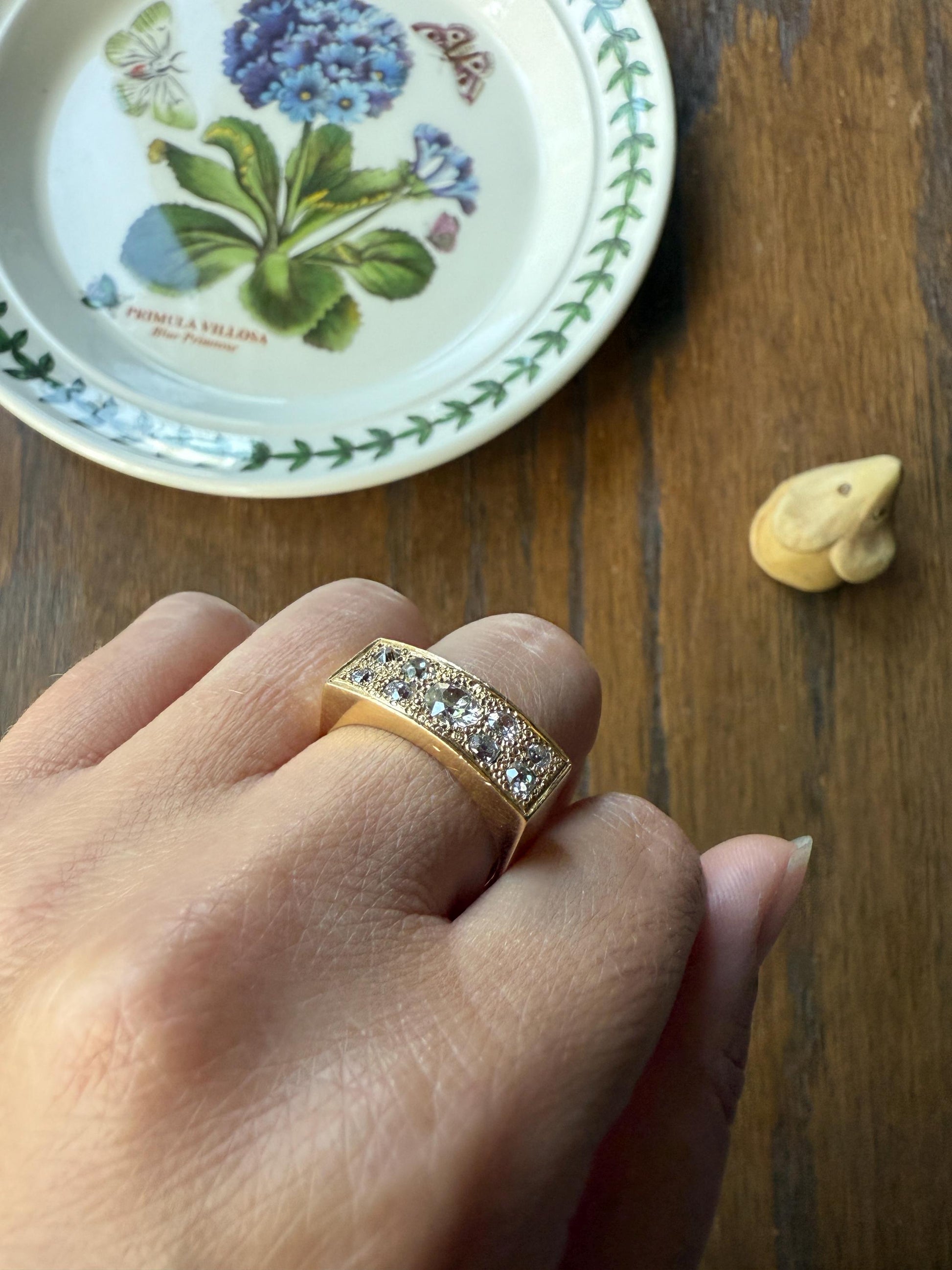 Transitional & Old Mine Cut DIAMOND 1Ctw French Vintage Grid Ring Platform Unisex Nine Stone Sturdy 7.5g 18k Gold Chunky Signet Stacker Gift