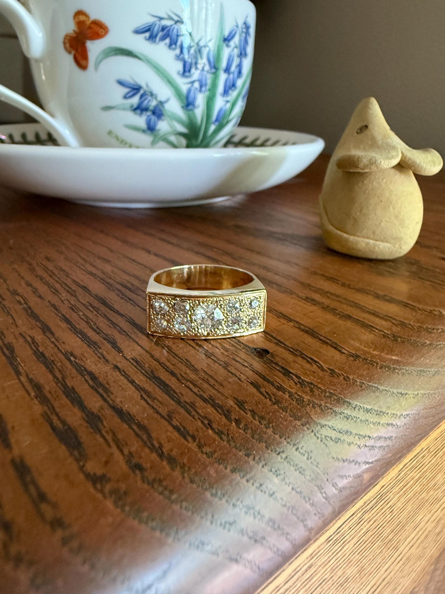 Transitional & Old Mine Cut DIAMOND 1Ctw French Vintage Grid Ring Platform Unisex Nine Stone Sturdy 7.5g 18k Gold Chunky Signet Stacker Gift
