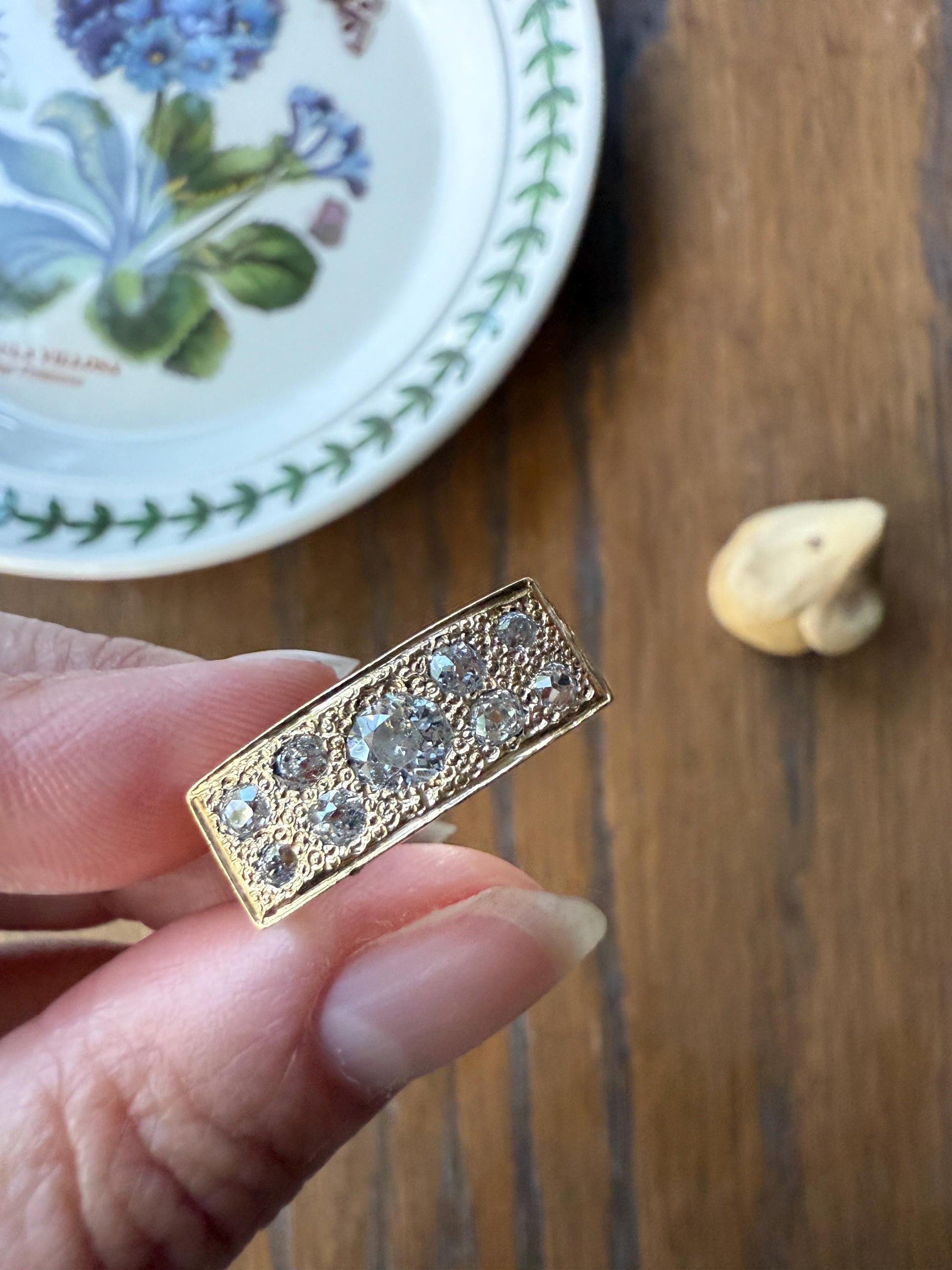 Transitional & Old Mine Cut DIAMOND 1Ctw French Vintage Grid Ring Platform Unisex Nine Stone Sturdy 7.5g 18k Gold Chunky Signet Stacker Gift