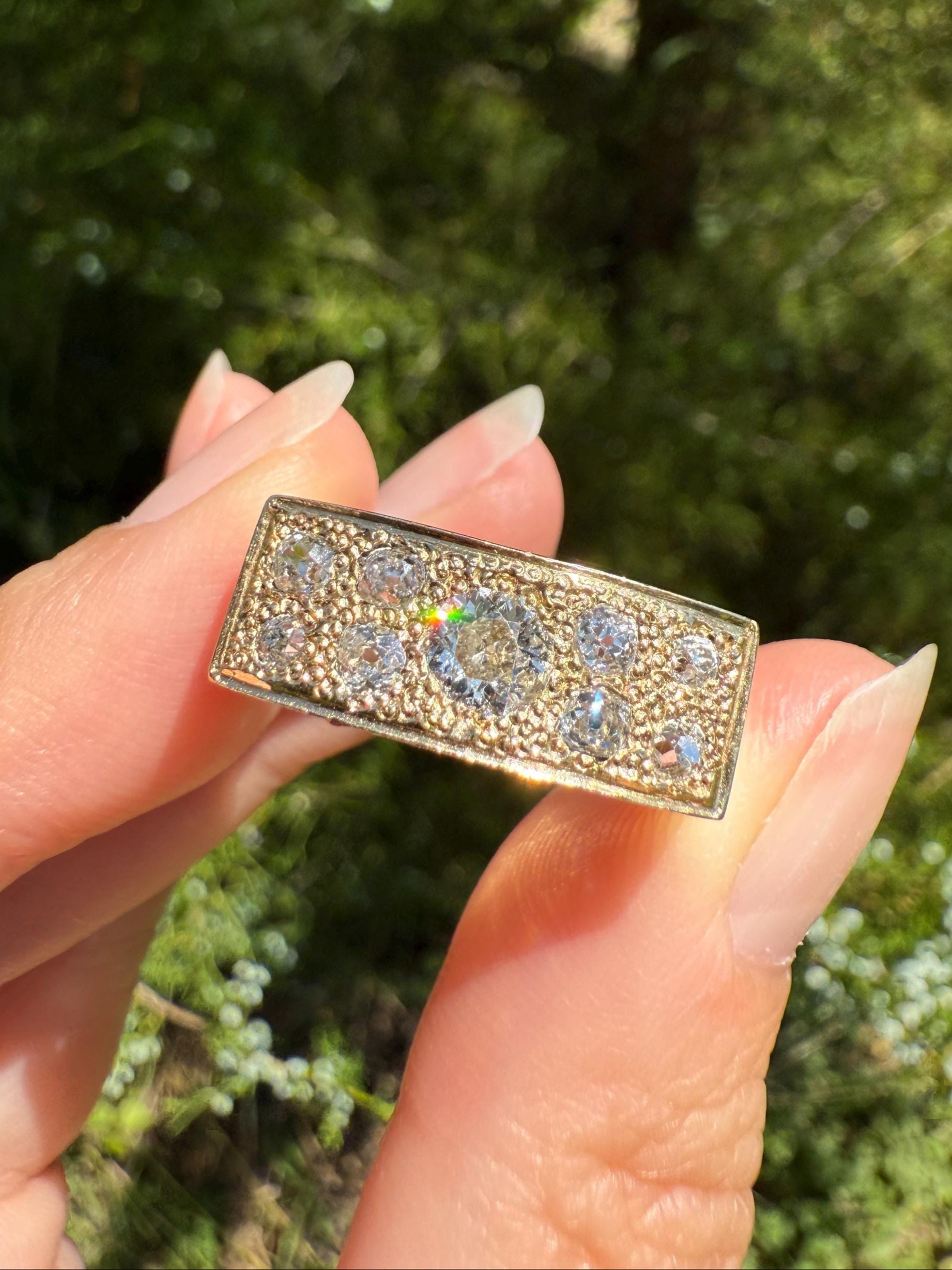 Transitional & Old Mine Cut DIAMOND 1Ctw French Vintage Grid Ring Platform Unisex Nine Stone Sturdy 7.5g 18k Gold Chunky Signet Stacker Gift