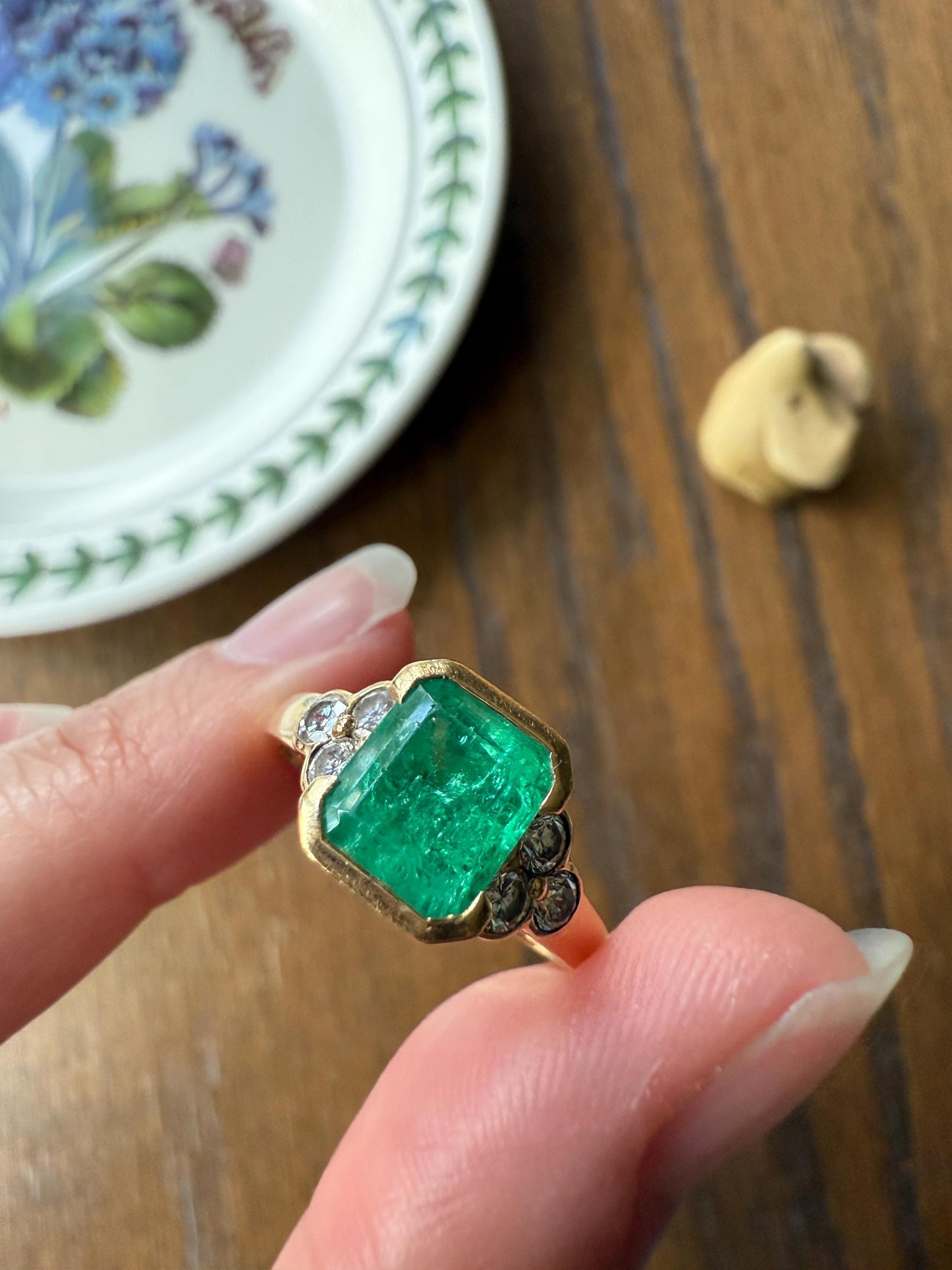 Vintage Rectangular Emerald Diamond Seven Stone Ring French 18k Gold Band Retro Stacker Green Sparkle Colorful Gift Tall Demi Bezel