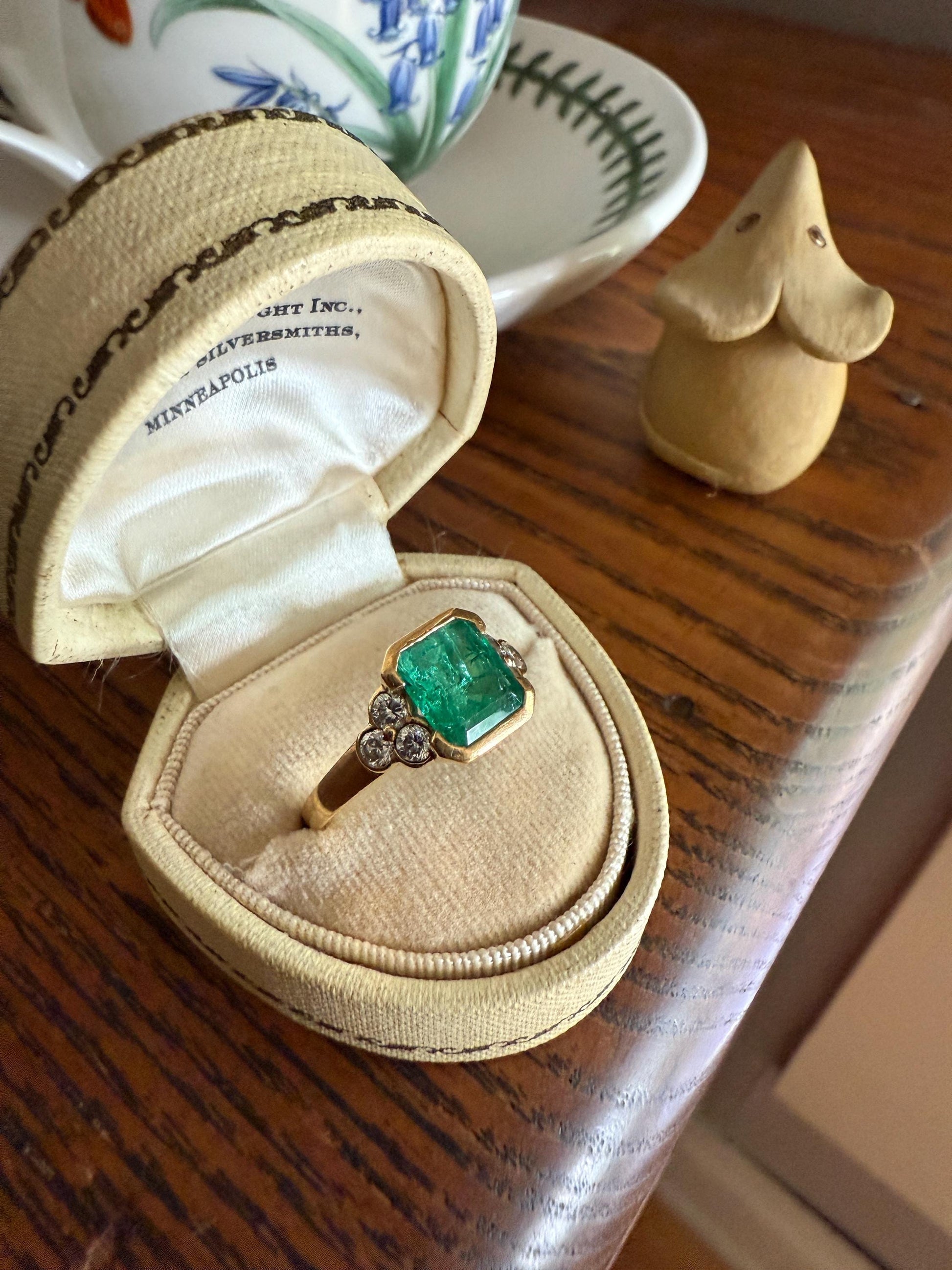 Vintage Rectangular Emerald Diamond Seven Stone Ring French 18k Gold Band Retro Stacker Green Sparkle Colorful Gift Tall Demi Bezel