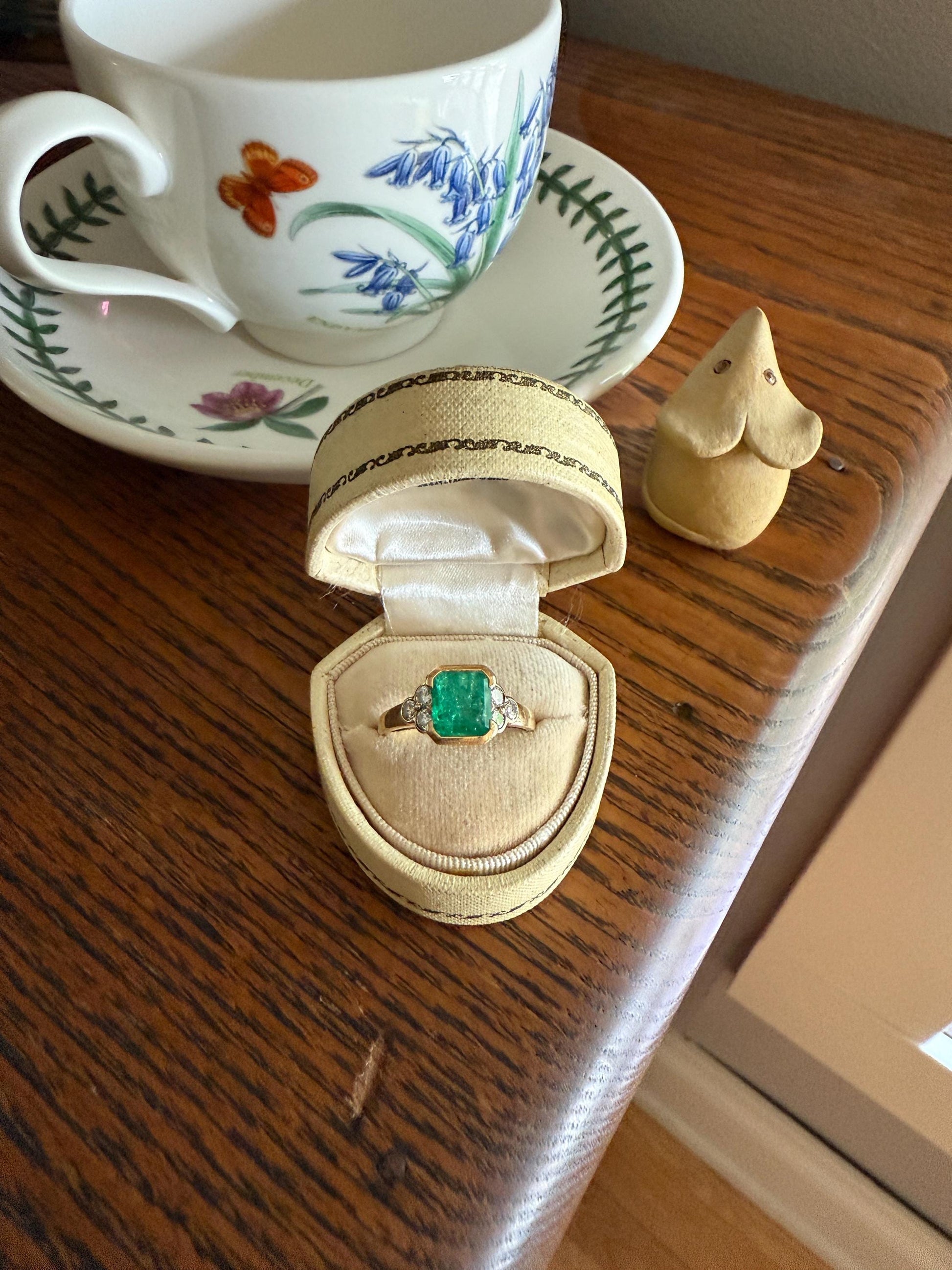 Vintage Rectangular Emerald Diamond Seven Stone Ring French 18k Gold Band Retro Stacker Green Sparkle Colorful Gift Tall Demi Bezel