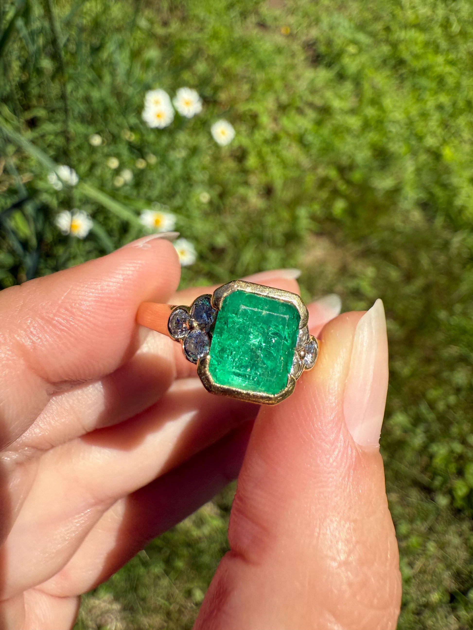 Vintage Rectangular Emerald Diamond Seven Stone Ring French 18k Gold Band Retro Stacker Green Sparkle Colorful Gift Tall Demi Bezel