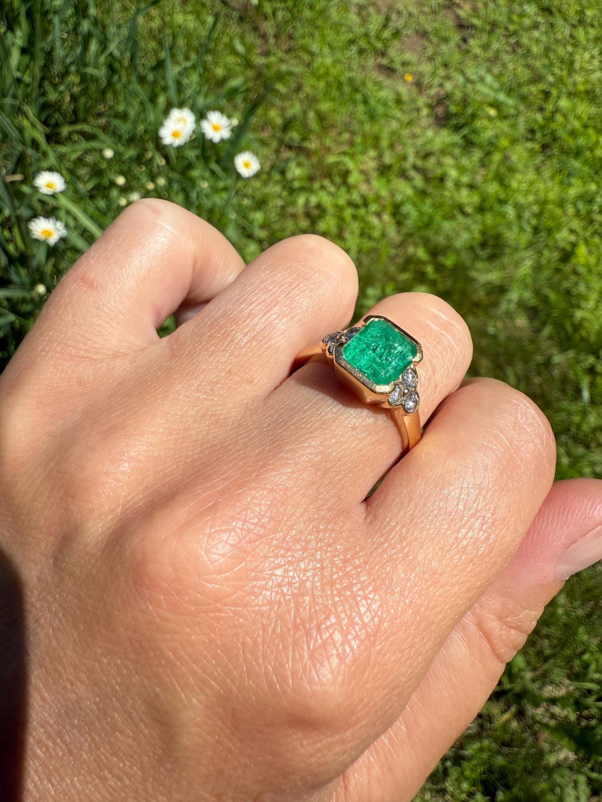 Vintage Rectangular Emerald Diamond Seven Stone Ring French 18k Gold Band Retro Stacker Green Sparkle Colorful Gift Tall Demi Bezel