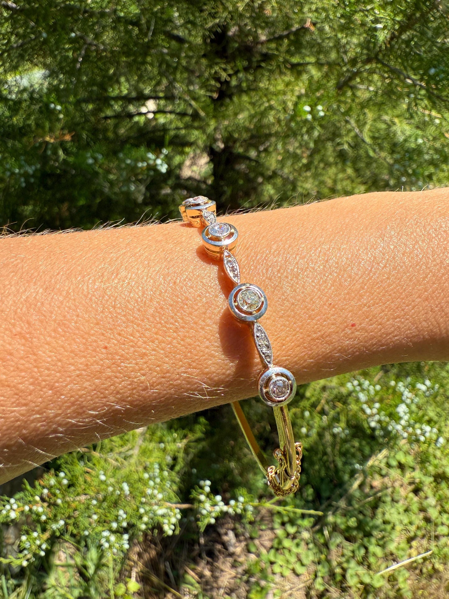 ANTIQUE 1 Carat Rose Old Mine Cut DIAMOND BANGLE Bracelet Hinged Engraved Halo Setting Yellow Champagne White Linear Unique Target Bullseye