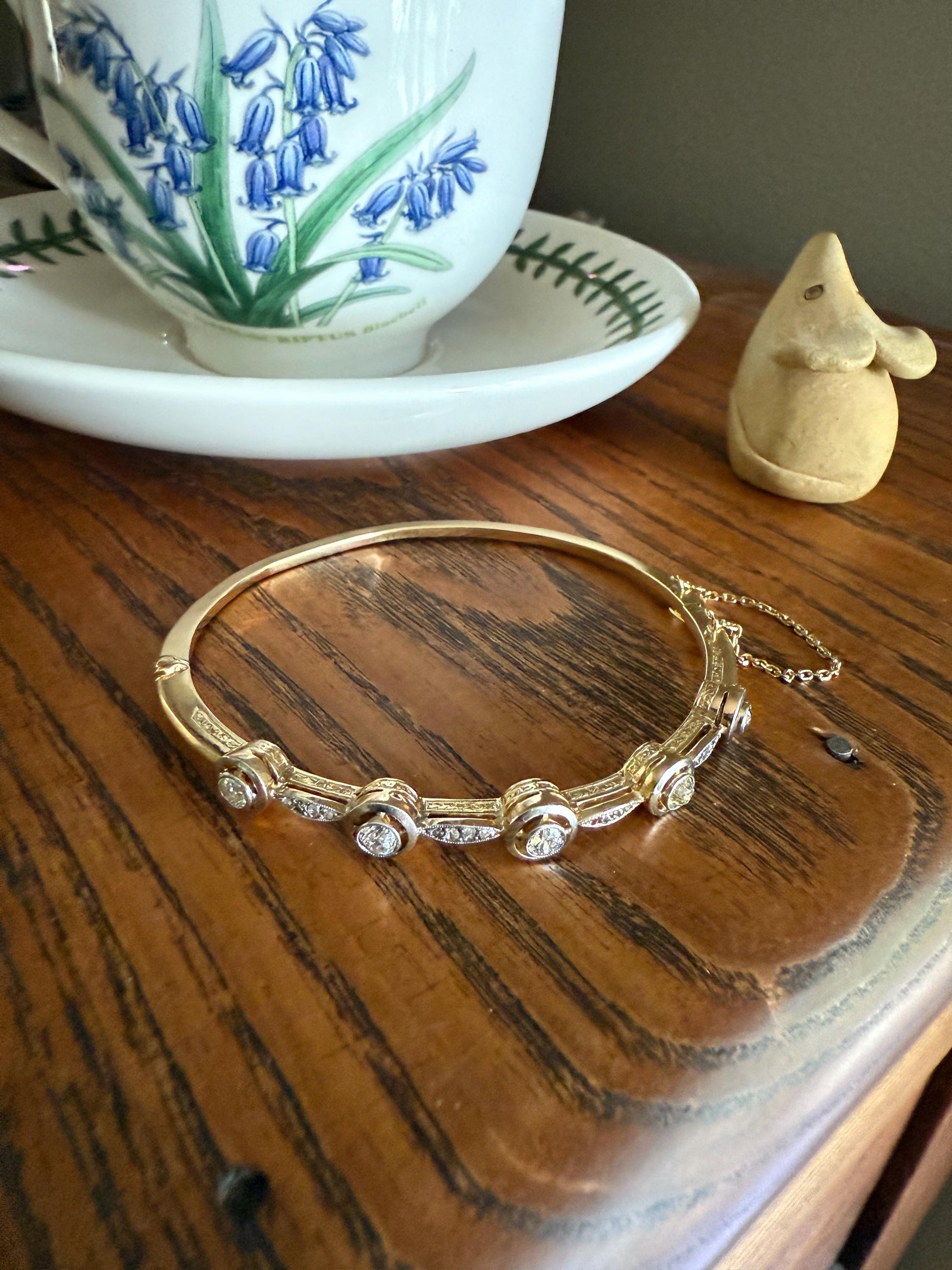 ANTIQUE 1 Carat Rose Old Mine Cut DIAMOND BANGLE Bracelet Hinged Engraved Halo Setting Yellow Champagne White Linear Unique Target Bullseye